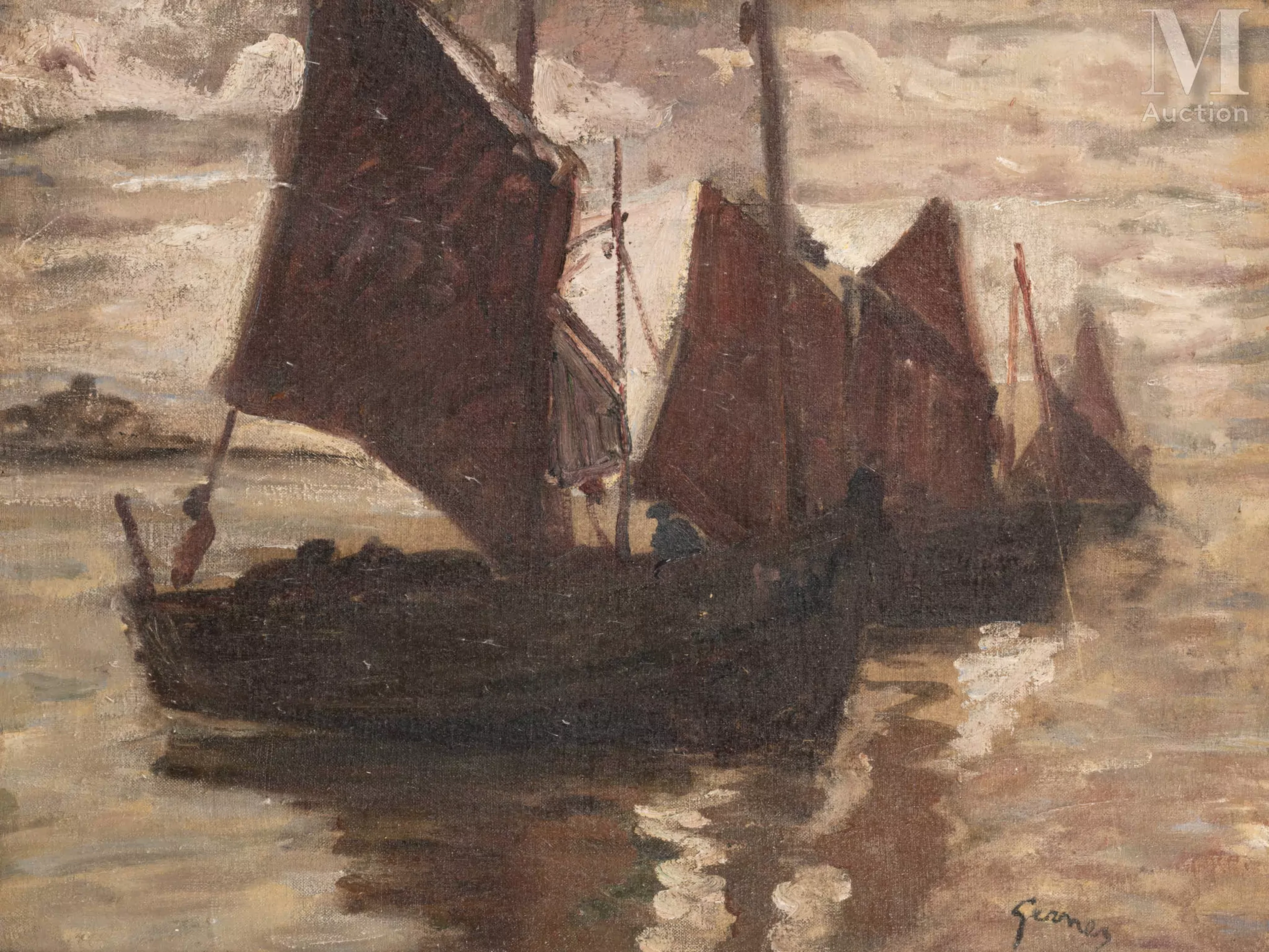 Paul-Elie GERNEZ (Valenciennes 1888 - 1948) Voiliers en mer le soir