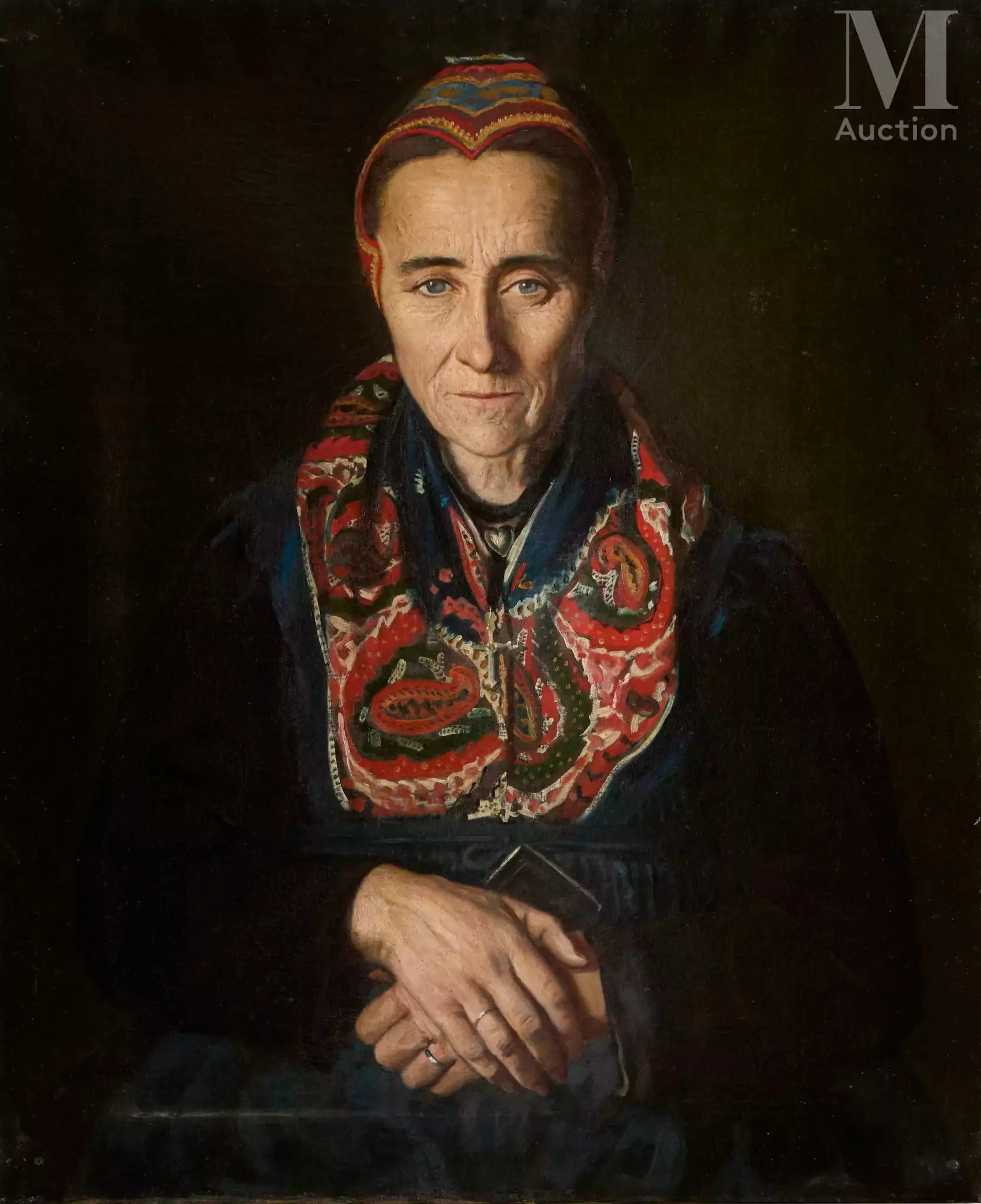 Ecole Française du XIXe siècle Portrait de femme au foulard rouge