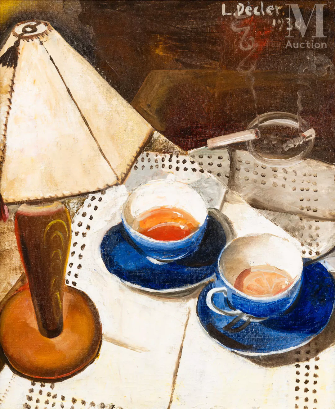 DECLER Ludmila (1904 -1984) Nature morte aux tasses et à la lampe