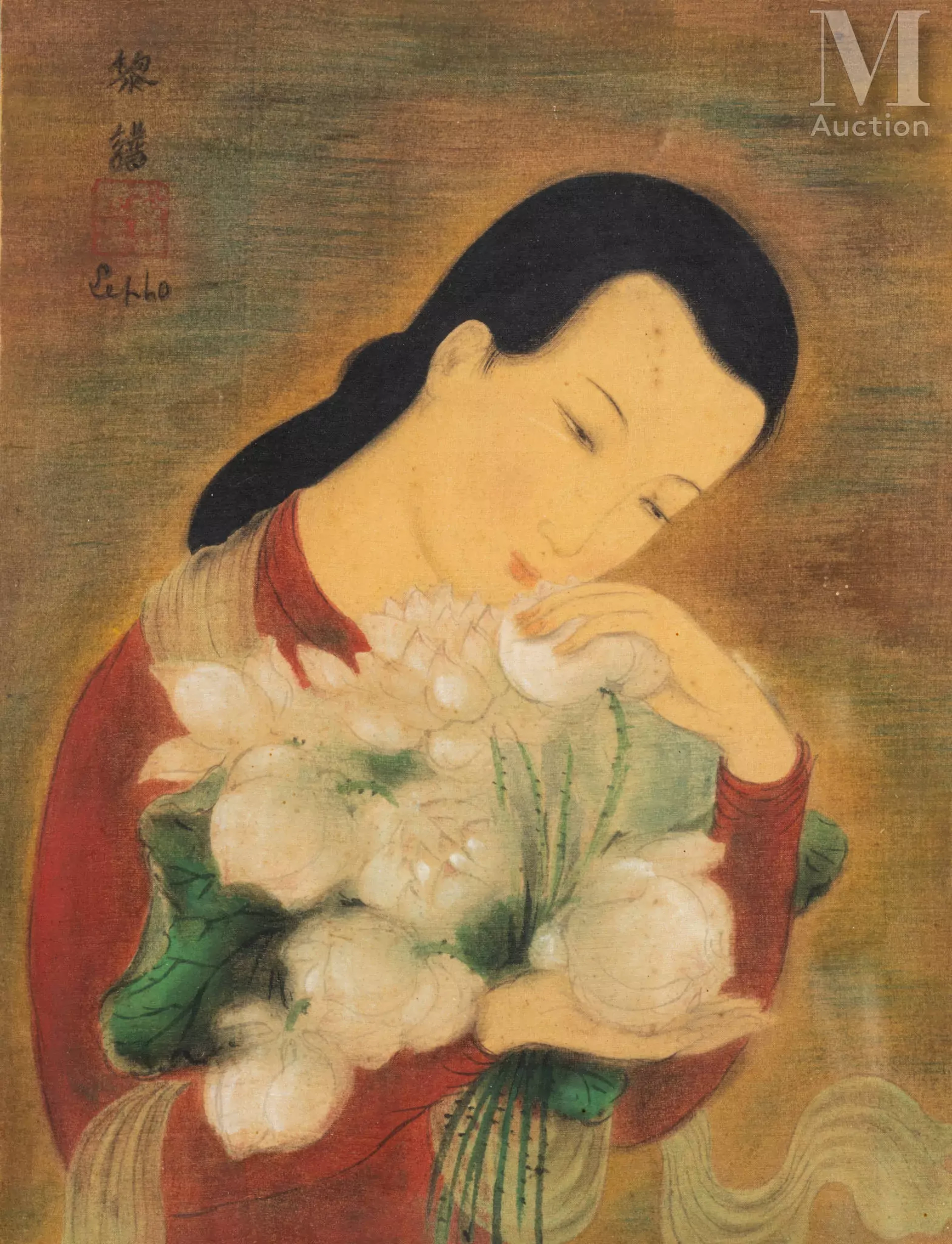 Ⓟ LE PHO (1907-2001) "Femme aux lotus blanc"