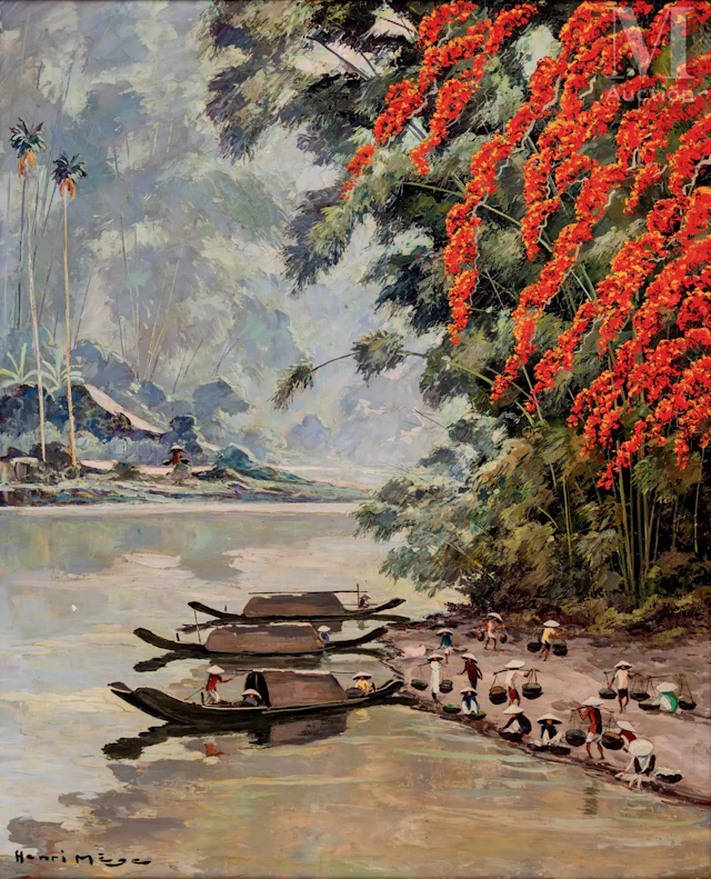Ⓗ HENRI MÈGE (1904-1984) "Aube printanière, les flamboyants rouges