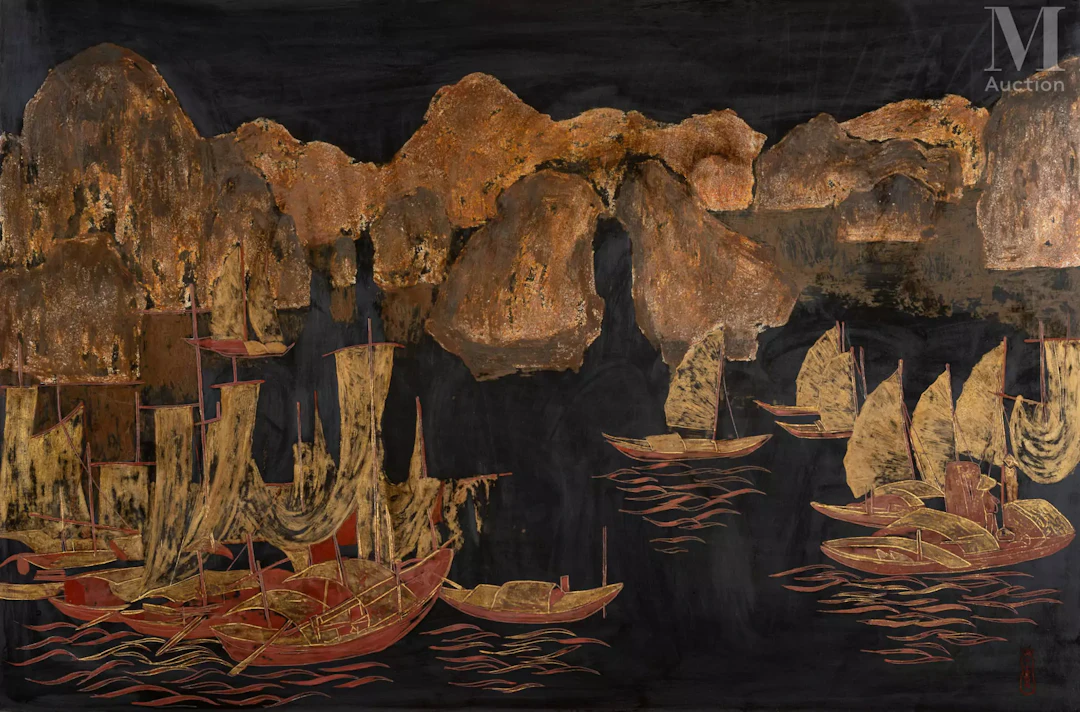 Ⓟ PHAM VAN DON (1917-2000) "Sampans dans la baie"