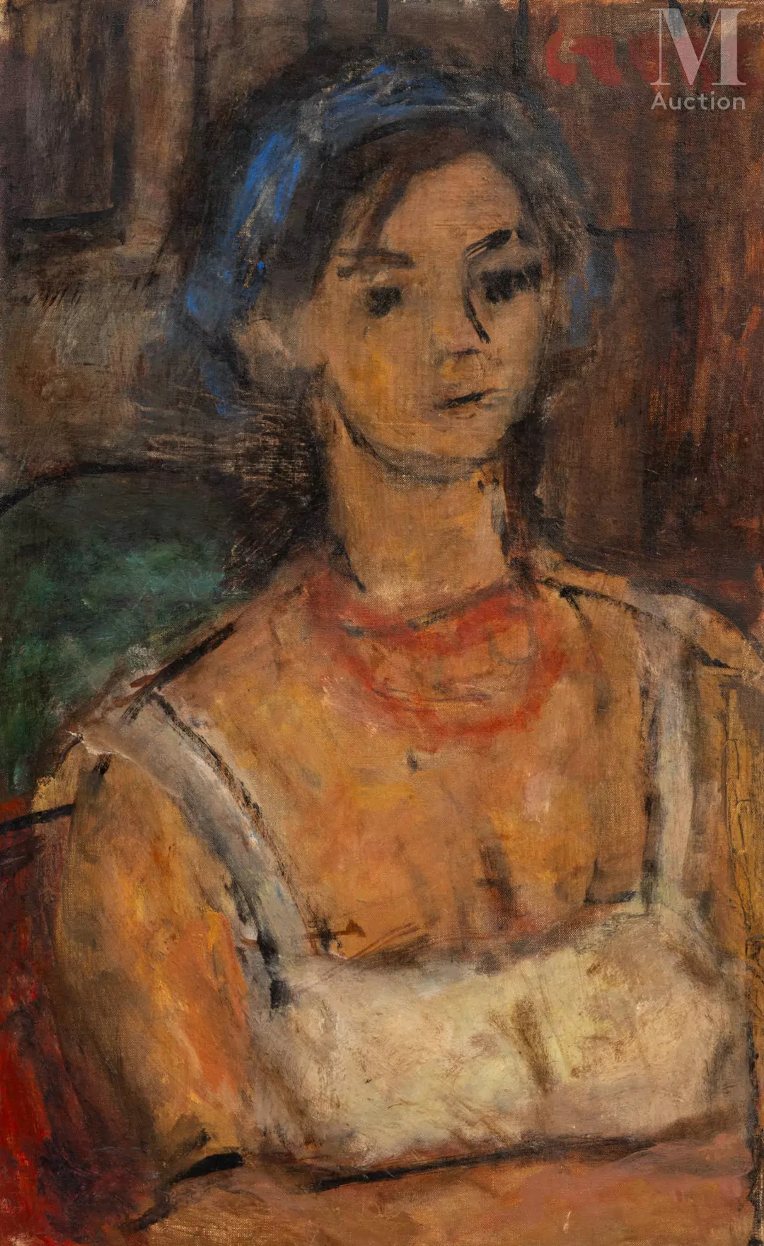 Béla CZÓBEL (Budapest 1883-1976) Portrait de femme au ruban bleu