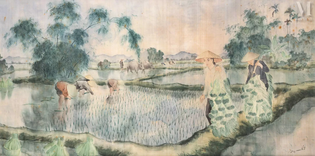 Ⓟ NGUYEN VAN RO (1921-1997) "Le retour des rizières"