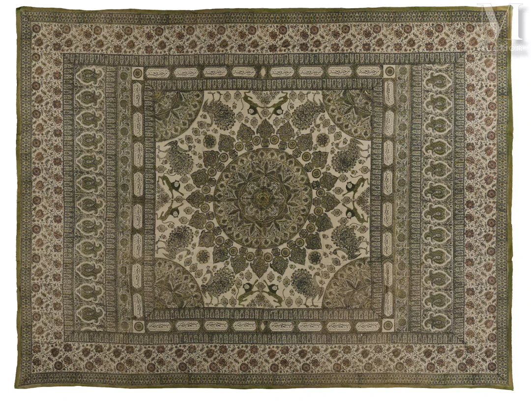 Grand kalamkari aux paons et aux lions Inde, Deccan, XIXe siècle