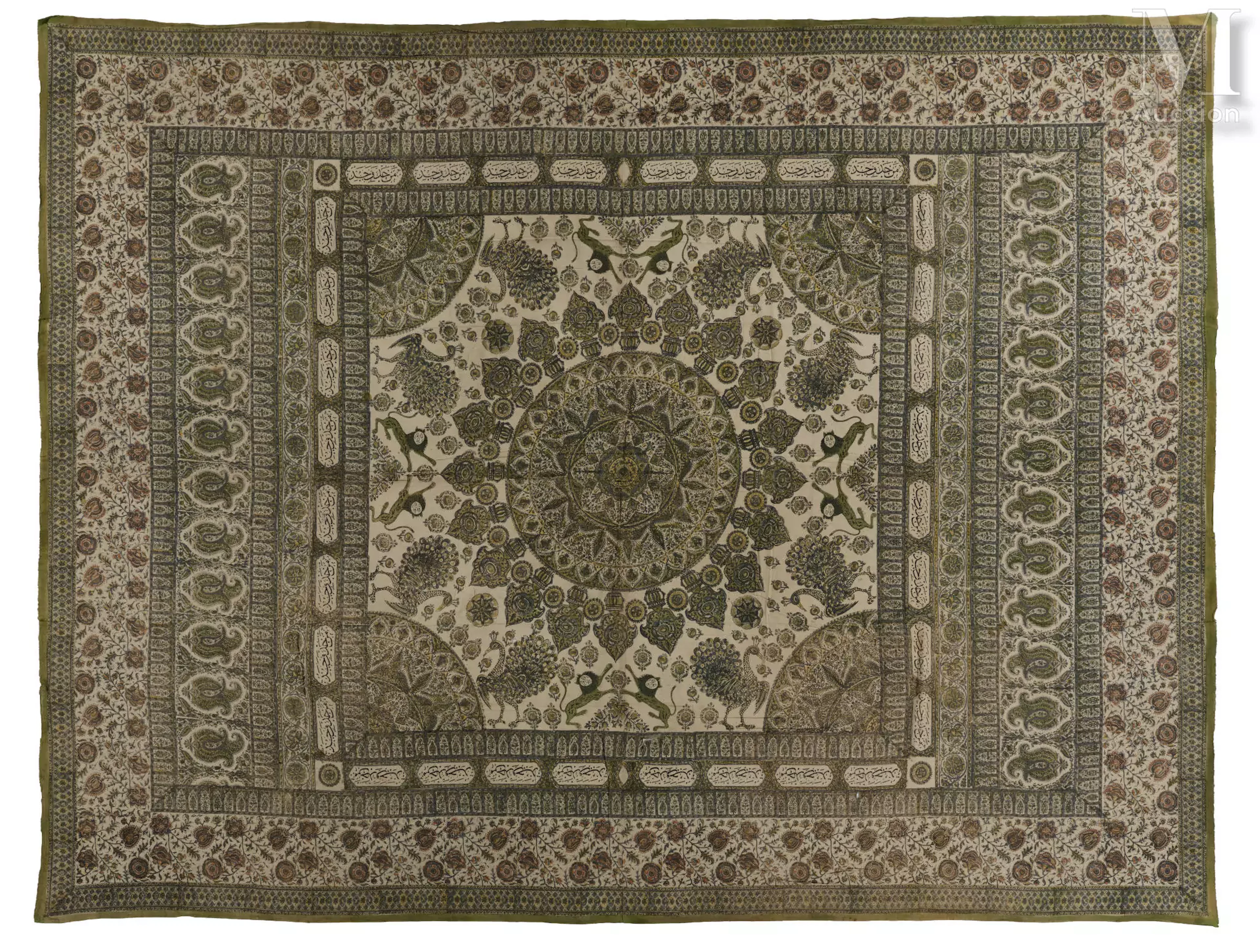 Grand kalamkari aux paons et aux lions Inde, Deccan, XIXe siècle