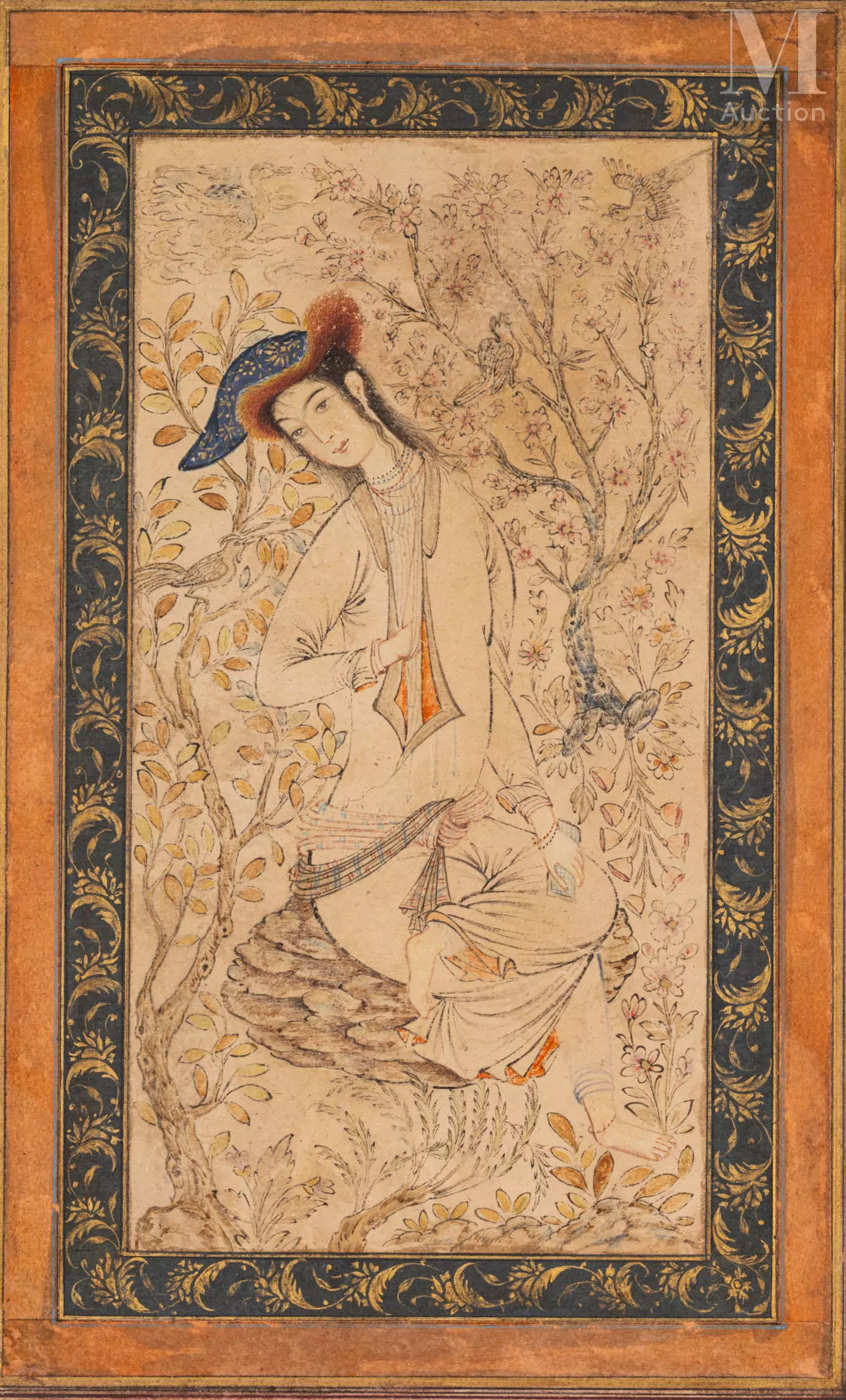 Jeune homme assis dans un jardin fleuri Iran, époque qajar, d'après