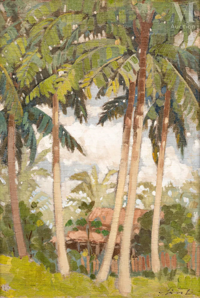 Ⓟ LUU VAN SIN (1910-1983) "Cabane sous les palmiers"