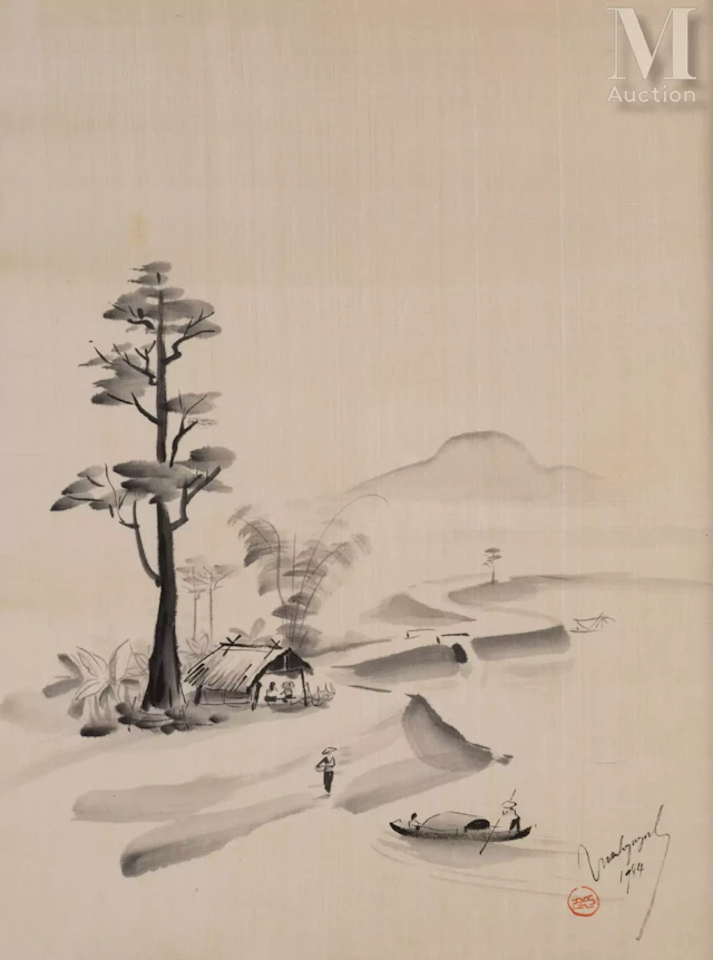 Ⓟ NGO MANH QUYNH (1917-1991) "Le village de pêcheurs",1984