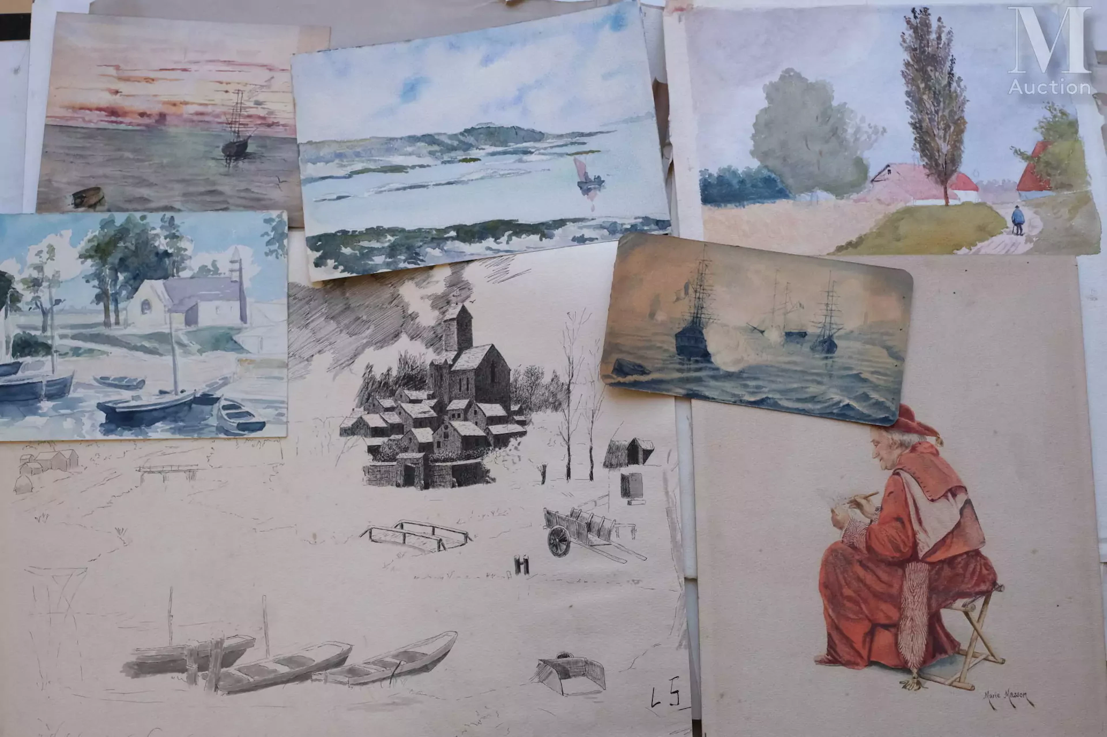 Ensemble de cent-vingt dessins ou aquarelles et gouaches