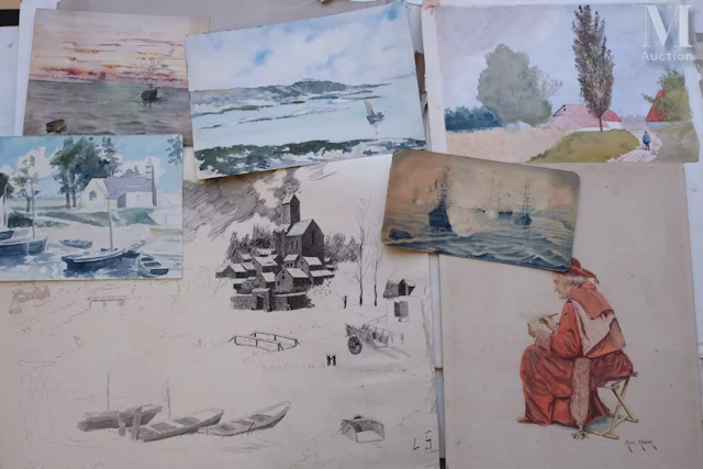 Ensemble de cent-vingt dessins ou aquarelles et gouaches
