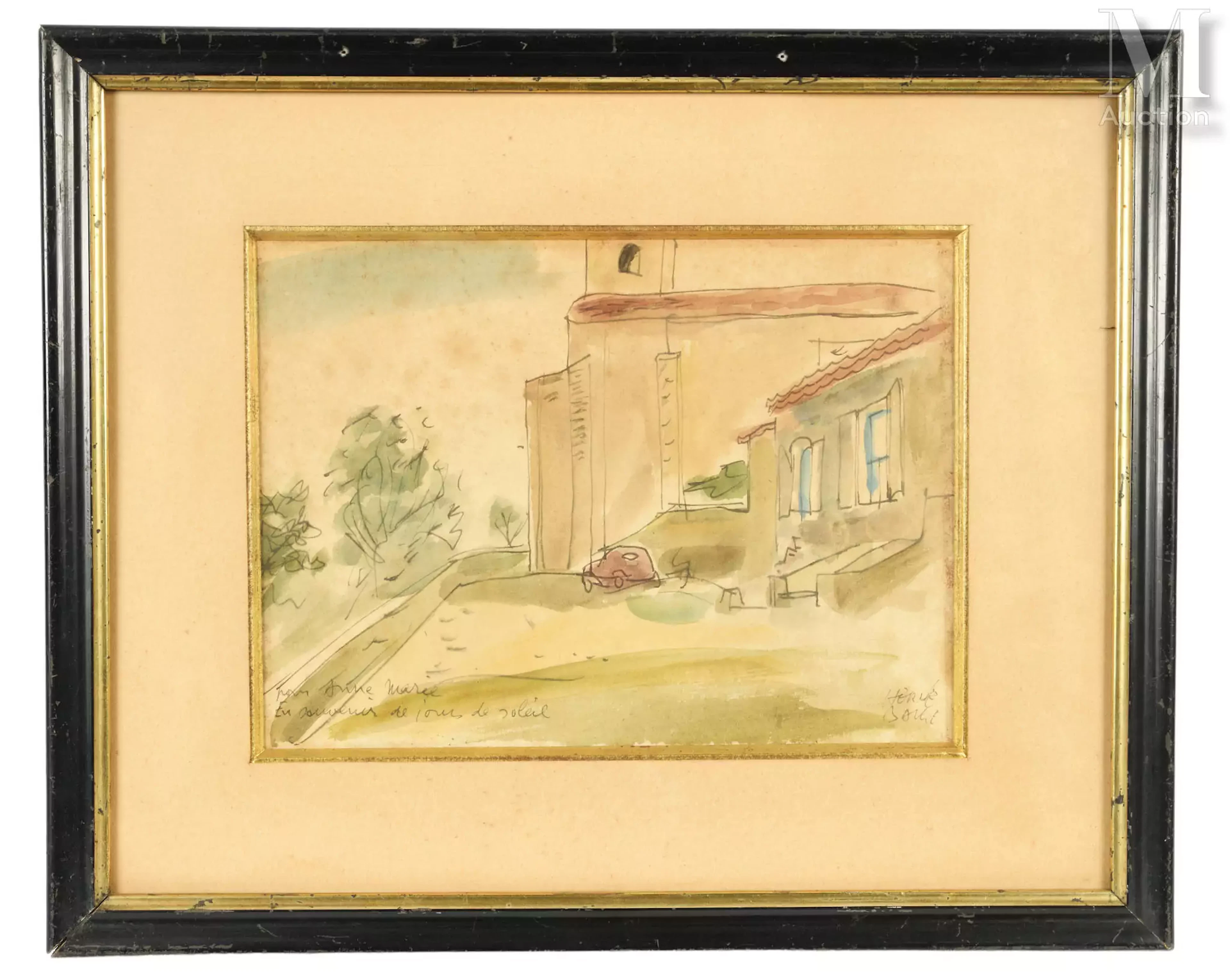 Hervé BALUE (?) (XXe siècle) Paysage à la voiture garée devant une maison
