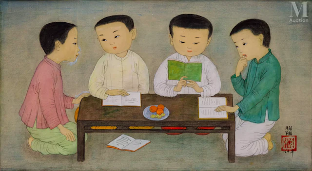Ⓗ MAI TRUNG THU (1906-1980) "Les enfants faisant leurs devoirs" , 1960
