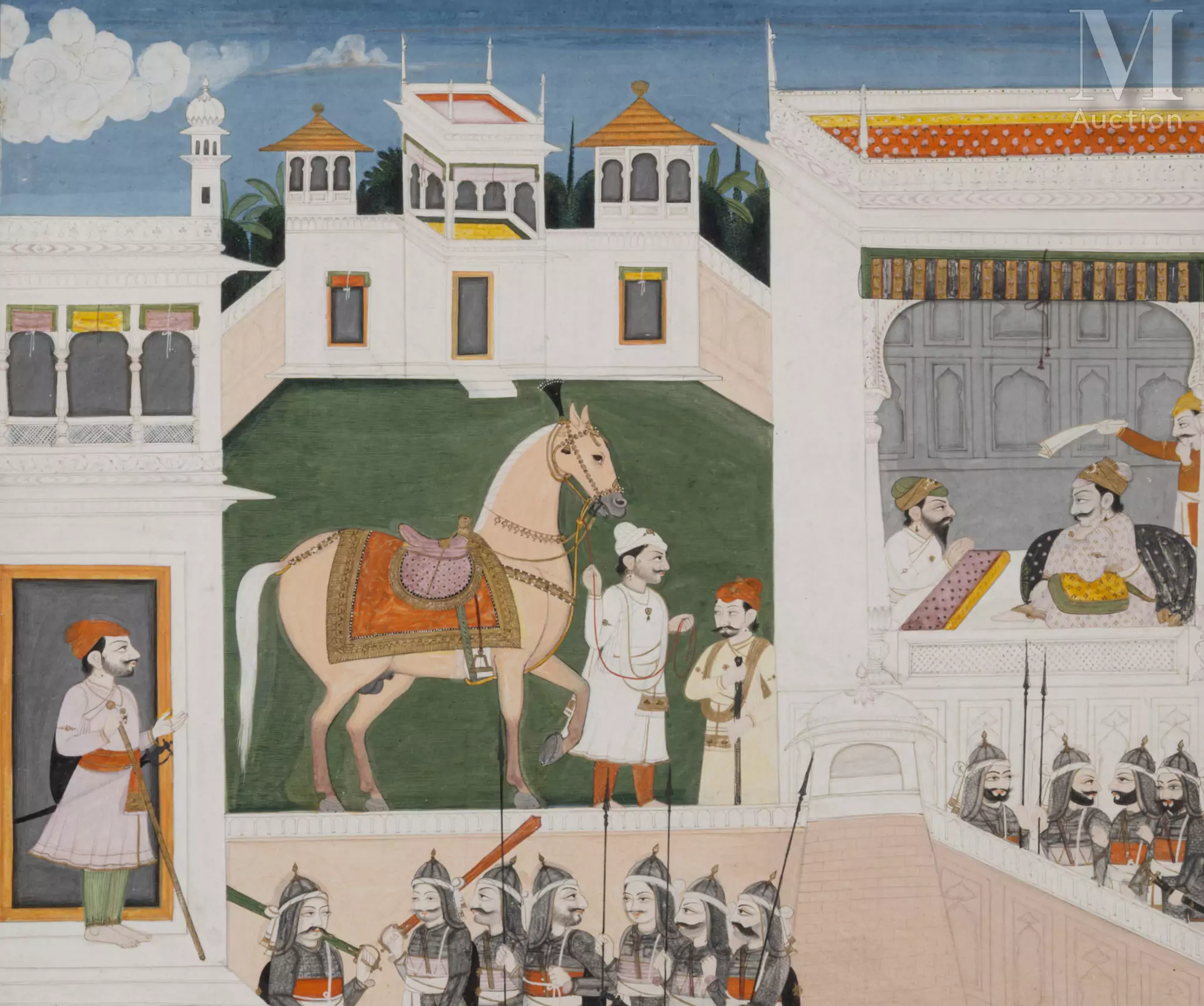 Palefrenier présentant un cheval au prince Inde moghole, vers 1800