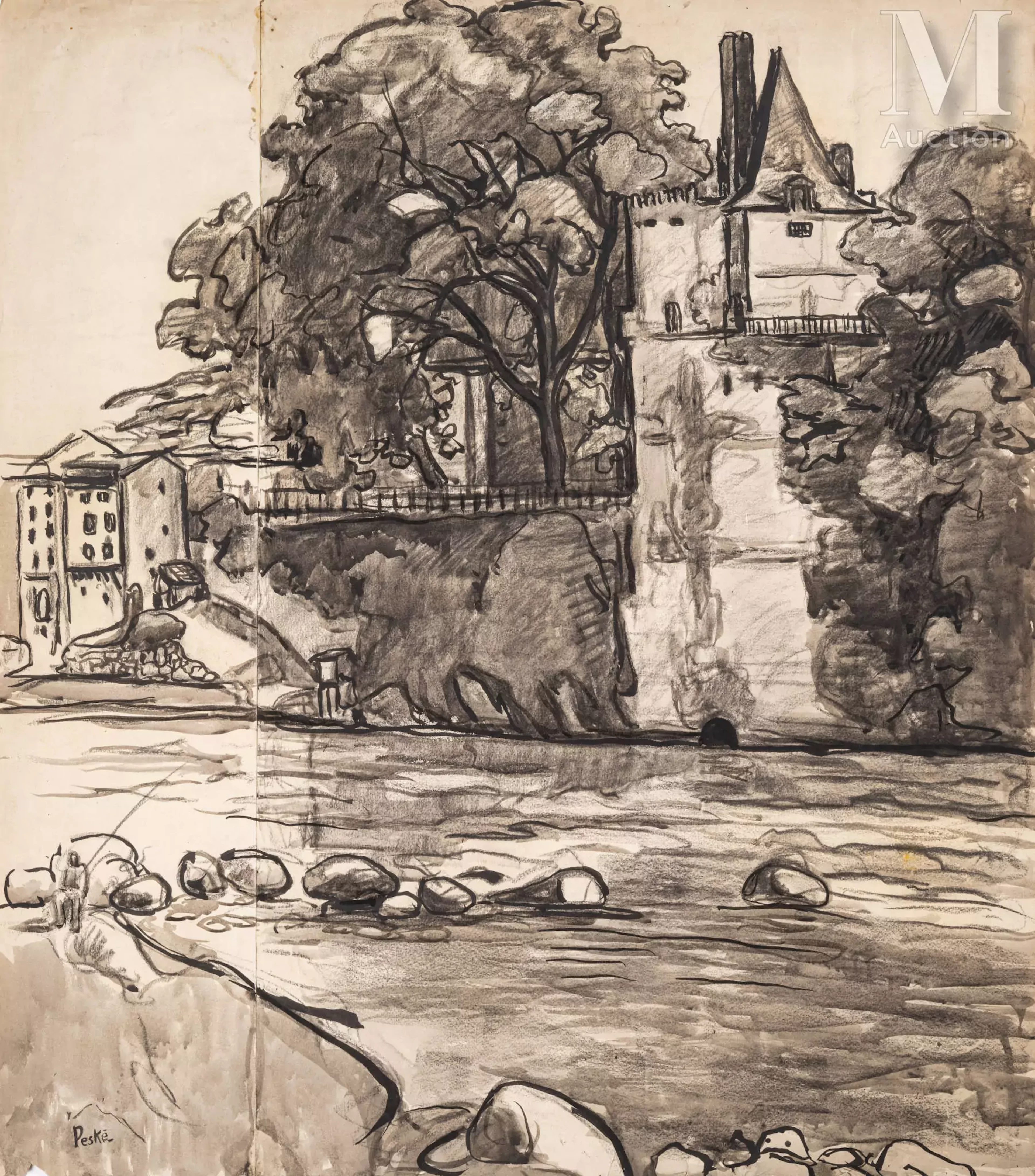 Jean Misceslas PESKE (Golta 1870 - Le Mans 1949) Château près d'une rivière