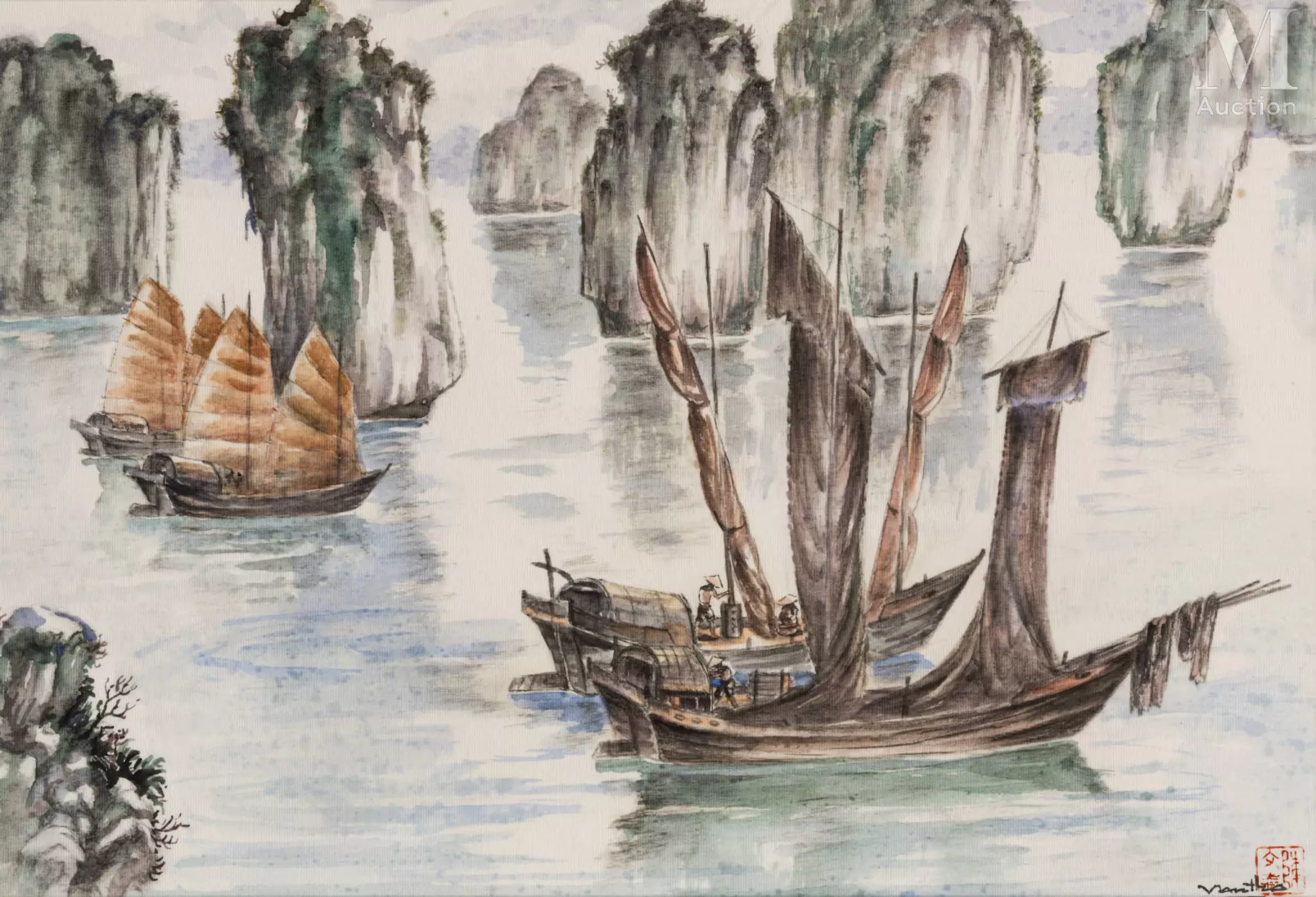 Ⓟ ƒ TRAN VAN THO (1917-2004) "Sampans dans la Baie de Ha Long"