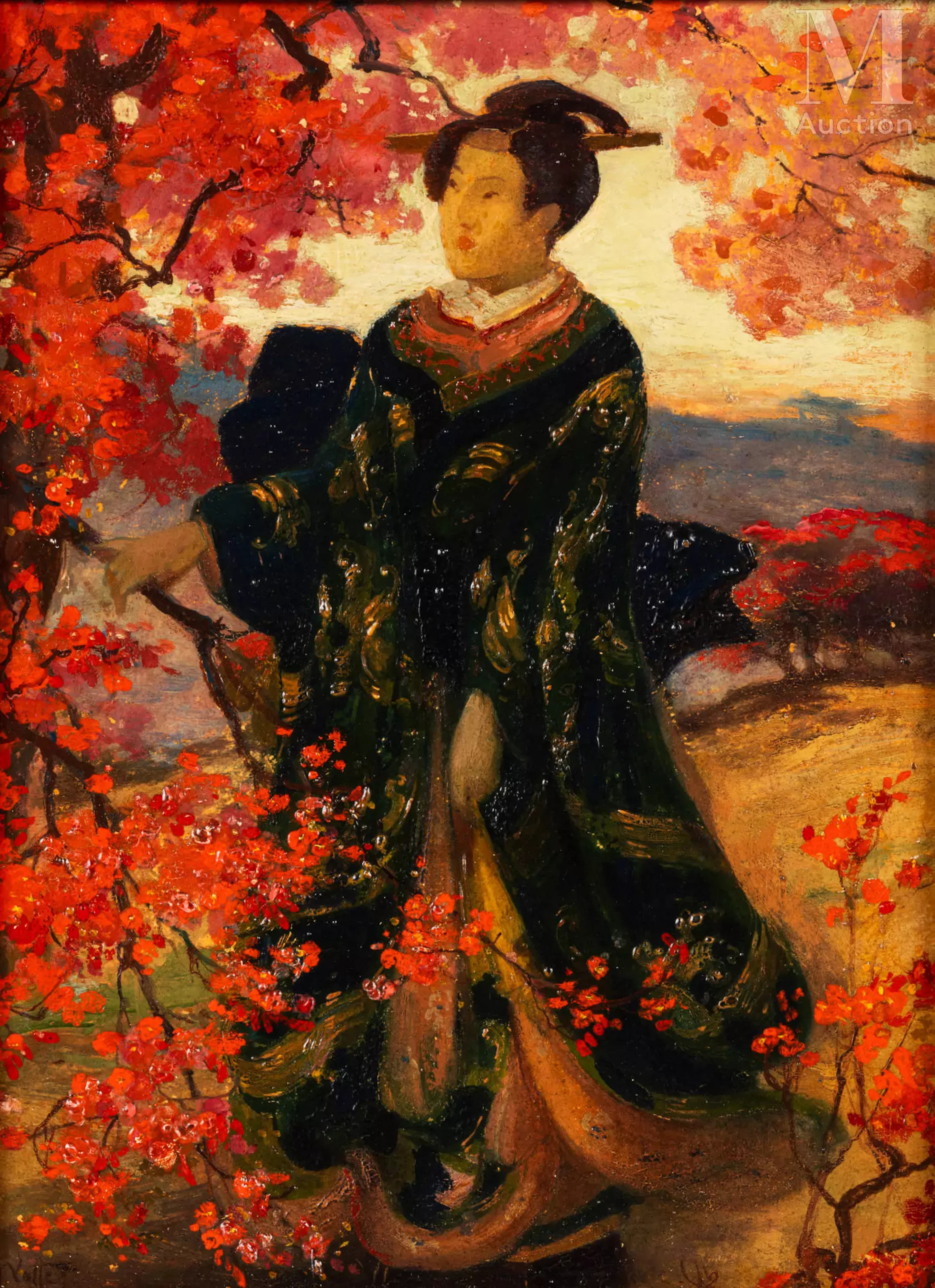 HENRI EMILE VOLLET (1861-1945) "Geisha sous un arbre en fleur"