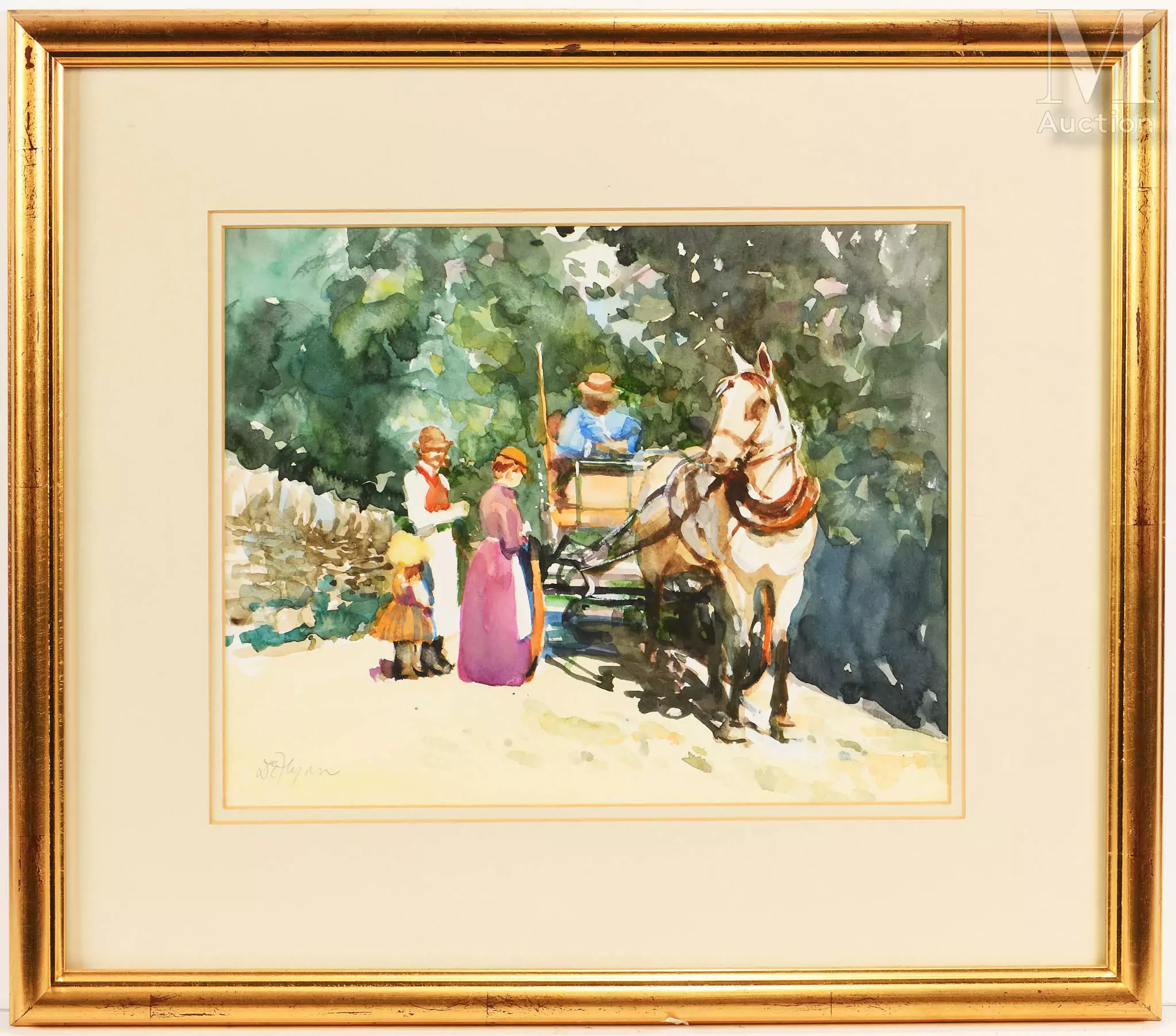 Ecole FRANCAISE du XXe siècle Famille à la calèche et femme se baladant