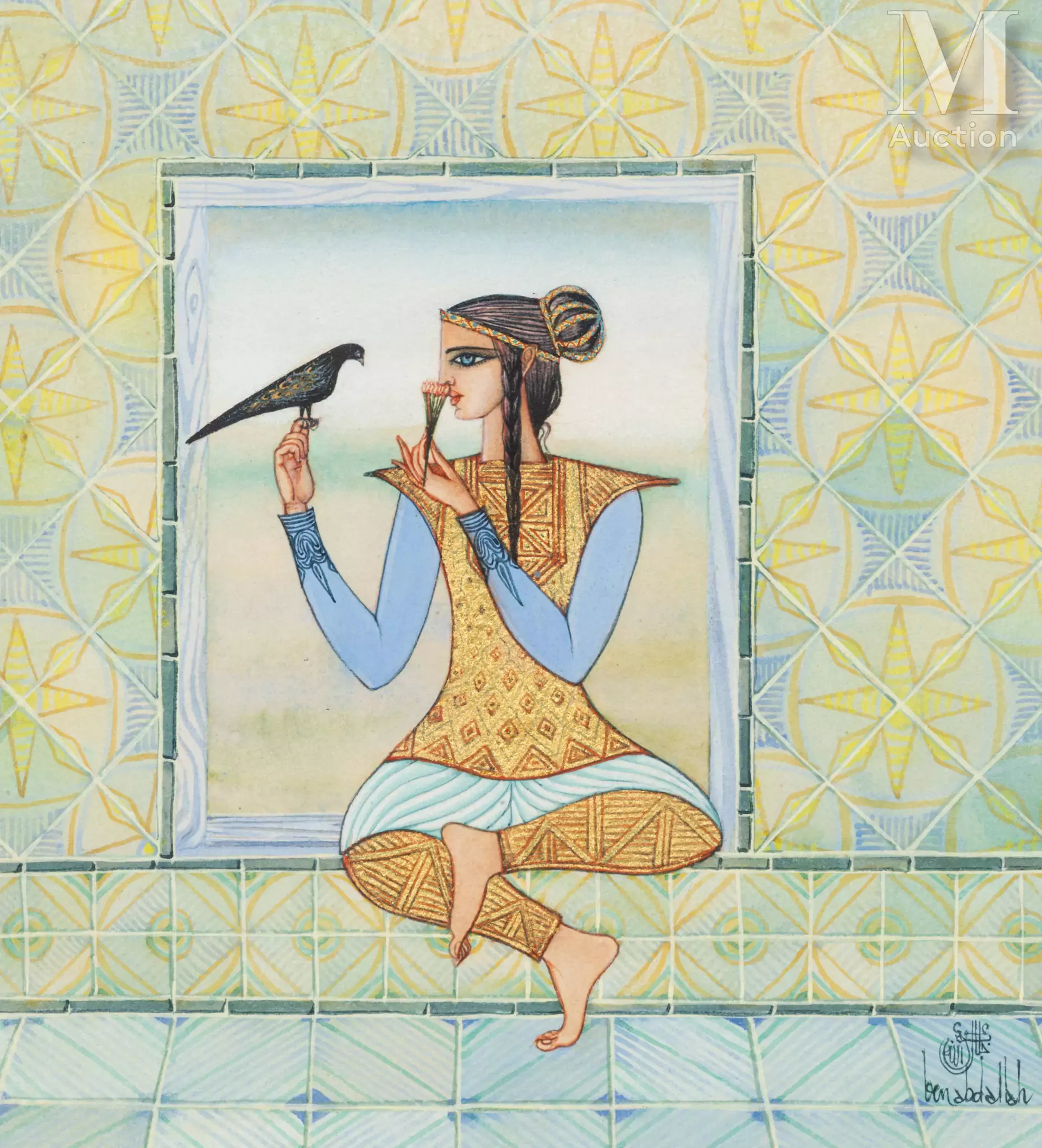 Jellal BEN ABDALLAH (Tunis 1921-2017) Femme à l'oiseau et au jasmin