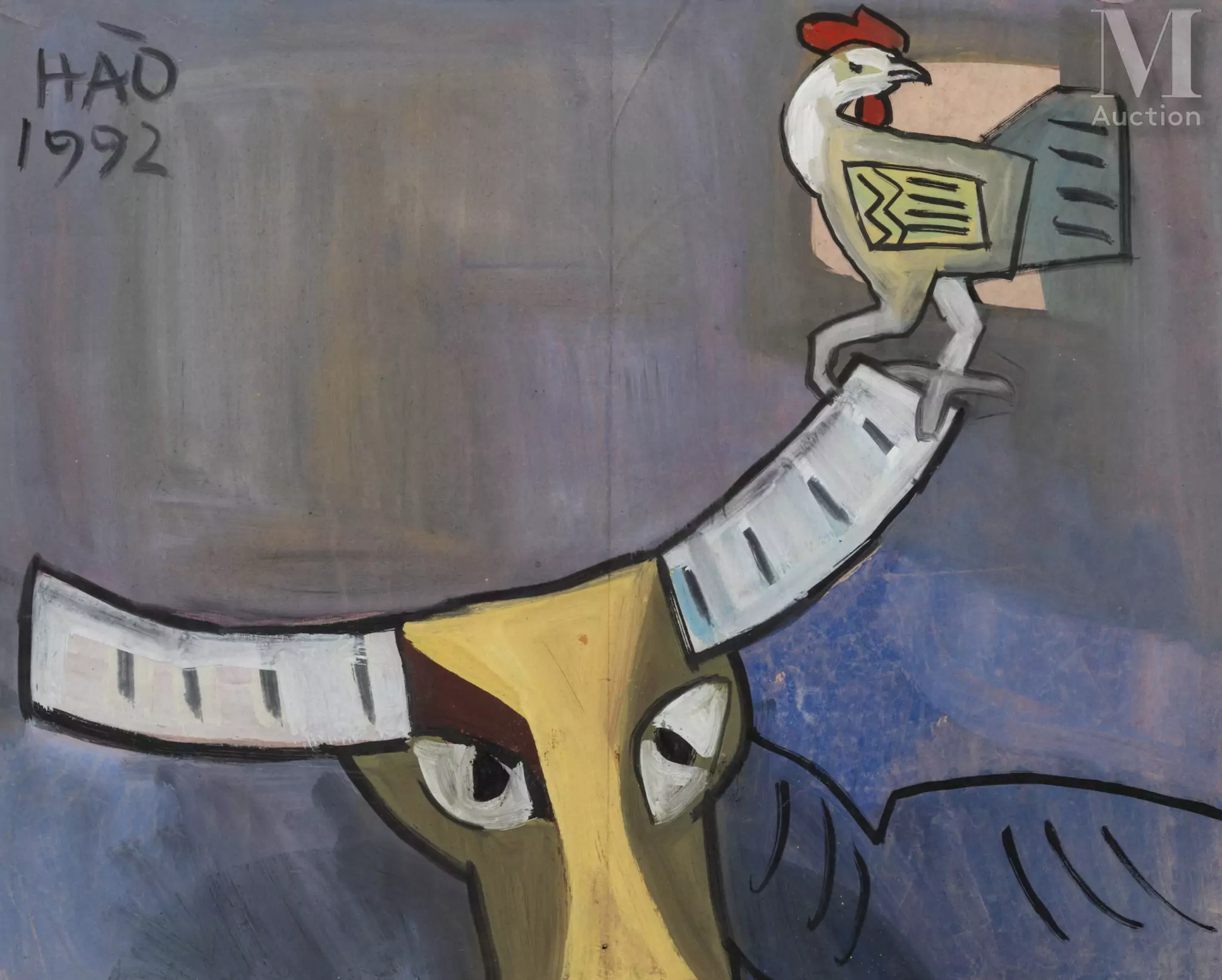 Ⓟ TRUONG DINH HAO (1937-2022) "Le buffle et le coq", 1992