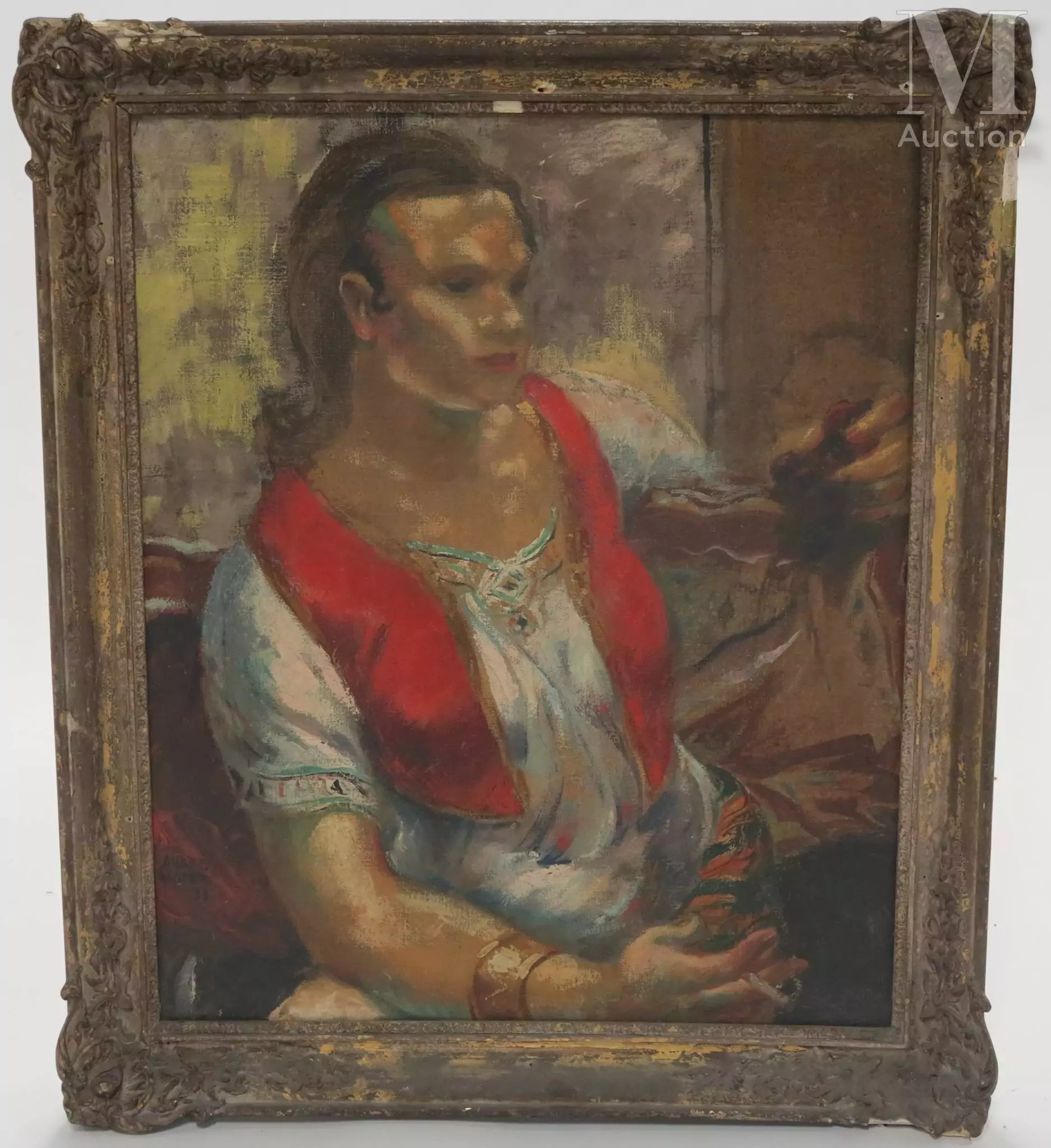 André HOFER (1890 - 1973) Portrait de femme au gilet rouge