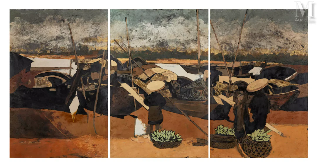Ⓟ MAI VAN NAM (1921-1986) "Marché flottant"