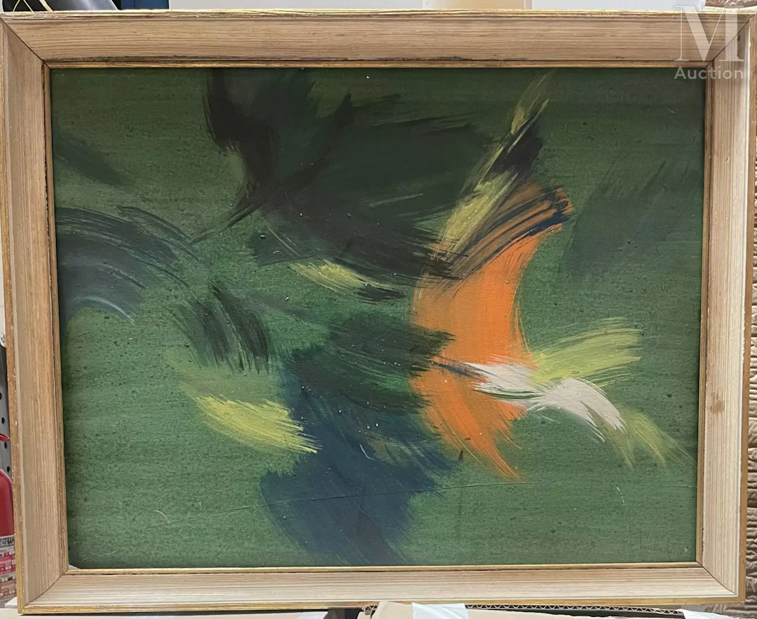 Ecole MODERNE, composition abstraite sur fond vert, huile sur toile