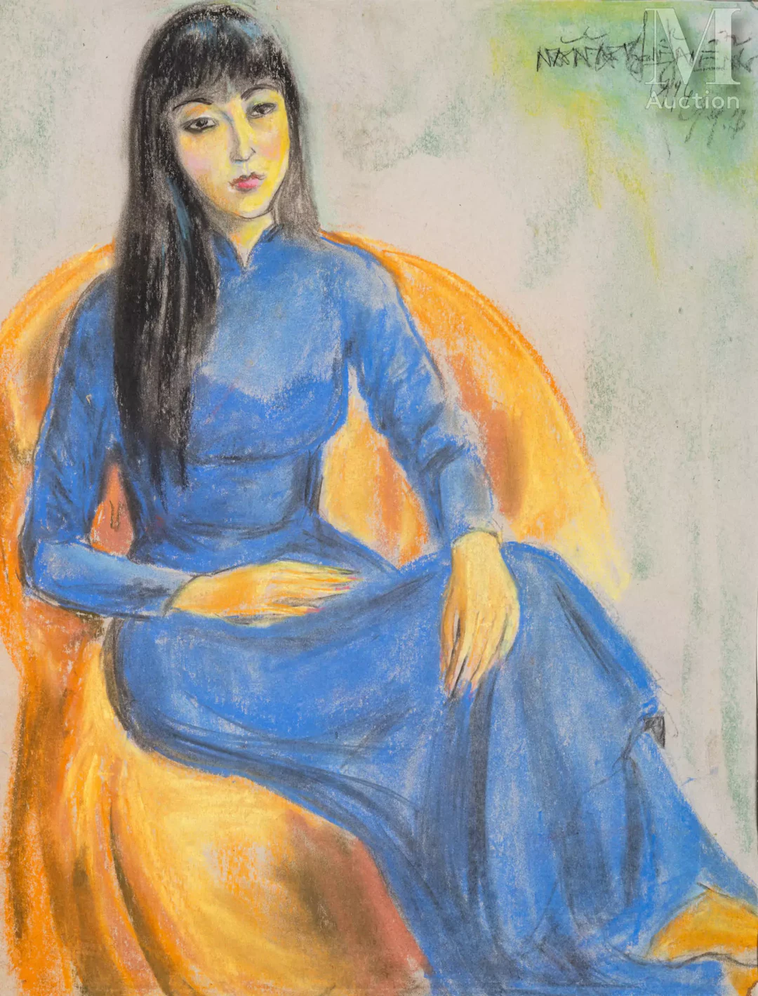 Ⓟ LE NANG HIEN (1921-2014) "Femme vêtue d’un ao dai bleu", 1994