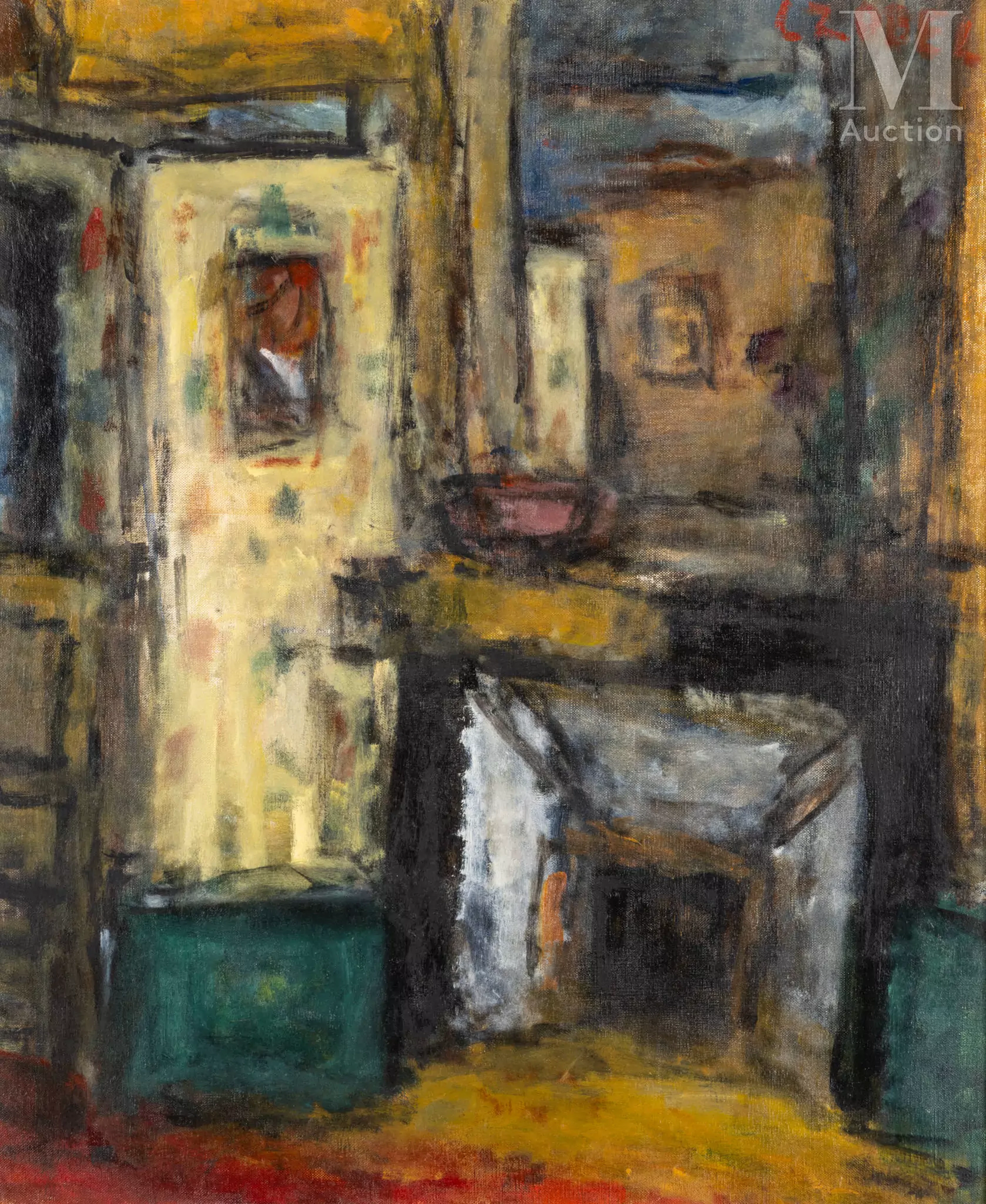 Béla CZÓBEL (Budapest 1883 - 1976) Intérieur à la cheminée et au miroir