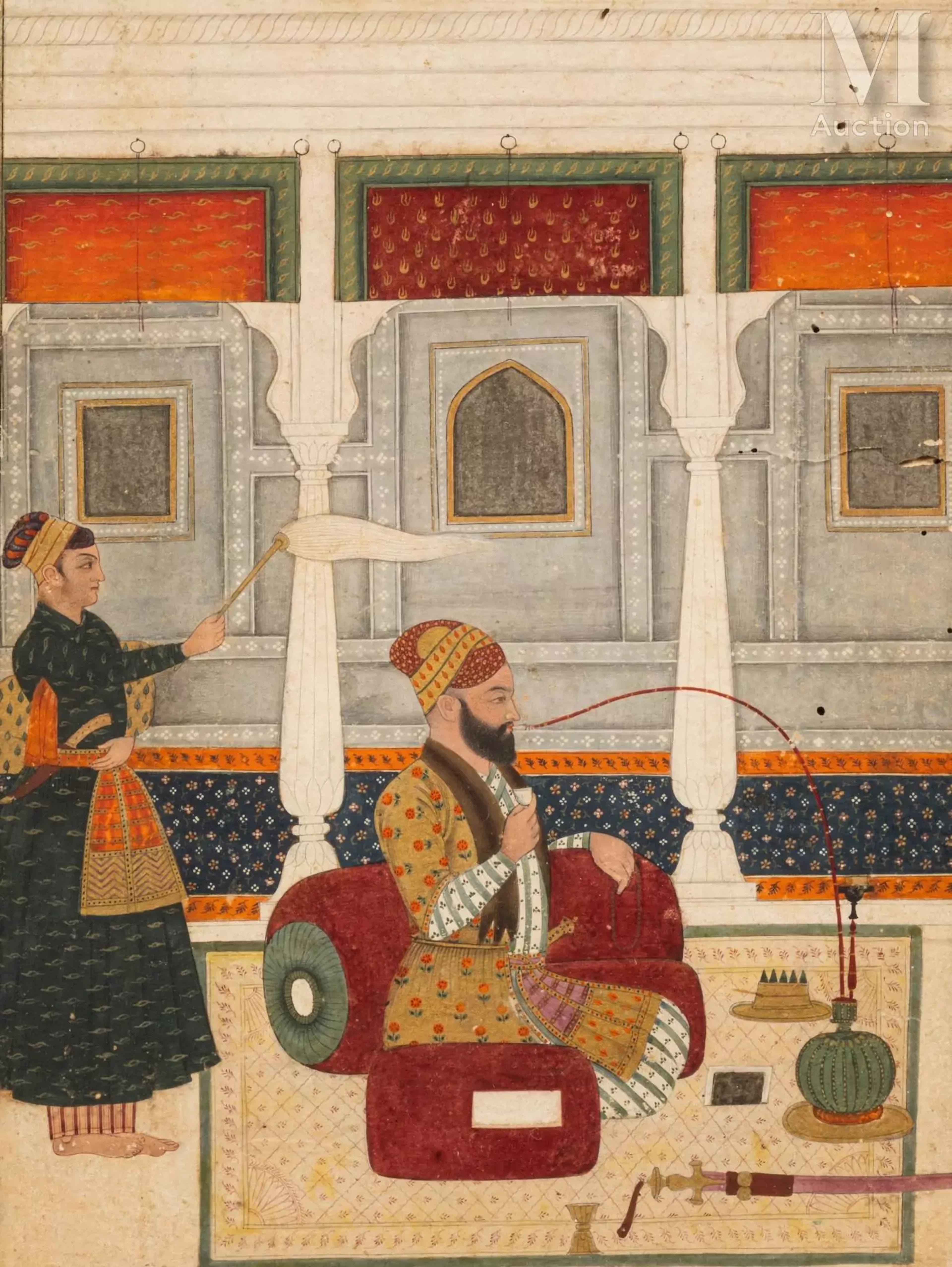 Portrait de gentilhomme fumant le hookah Inde du Nord, Art moghol