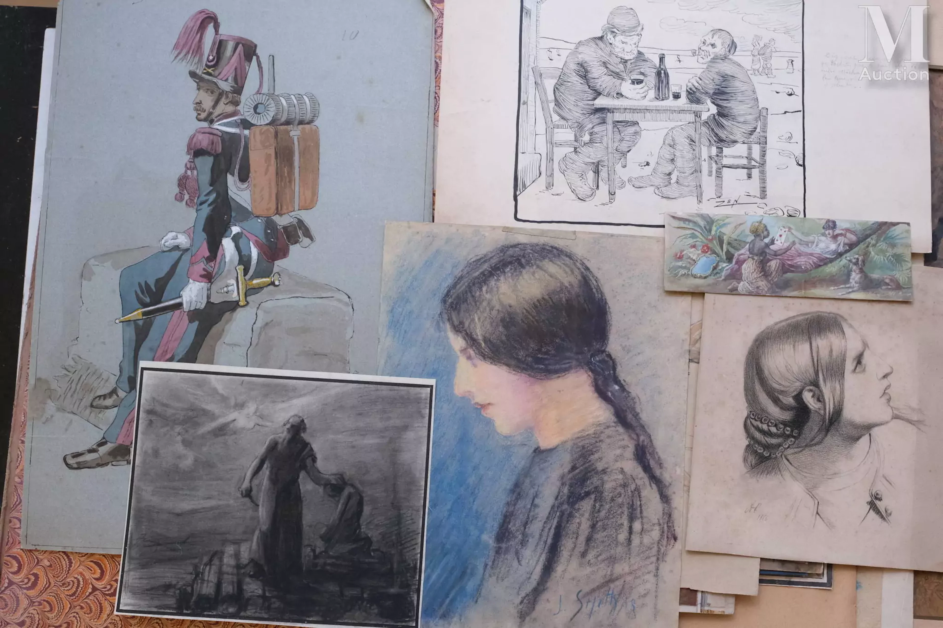 Suite de vingt-deux dessins, aquarelles ou gouaches