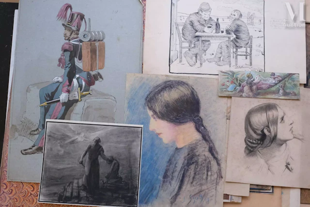 Suite de vingt-deux dessins, aquarelles ou gouaches