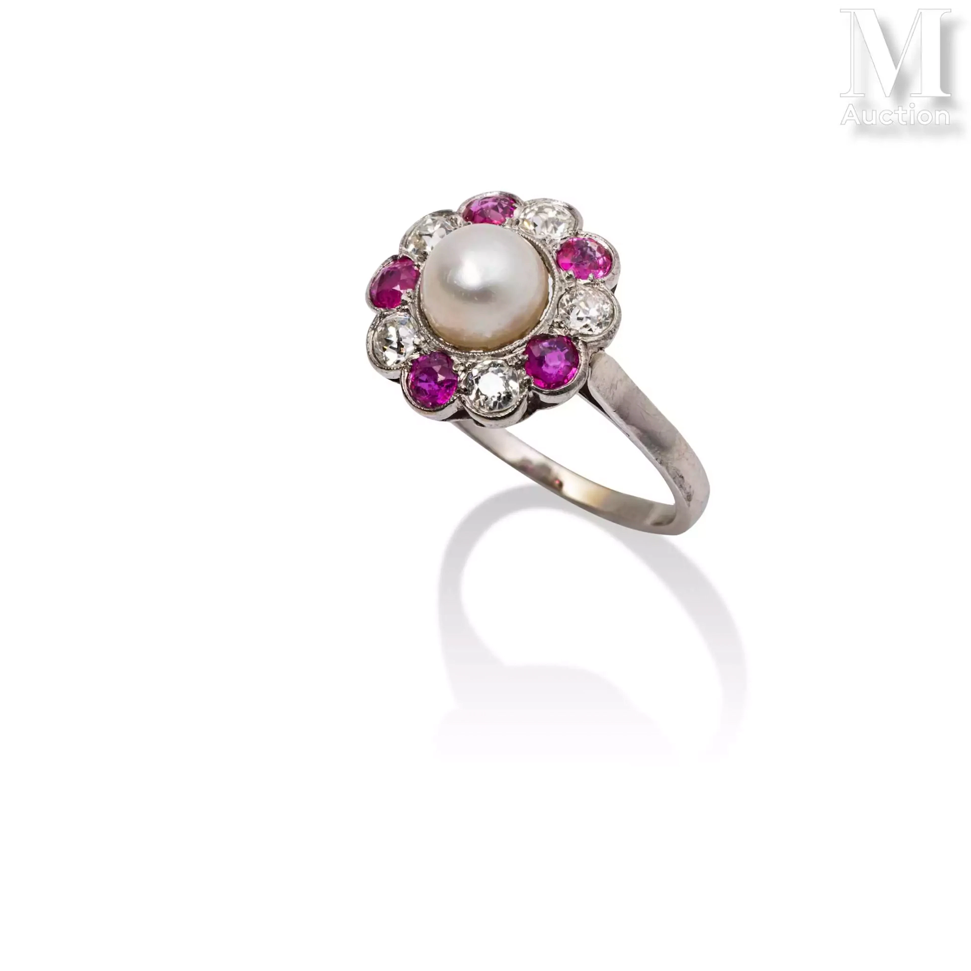 Bague perle, rubis, diamants