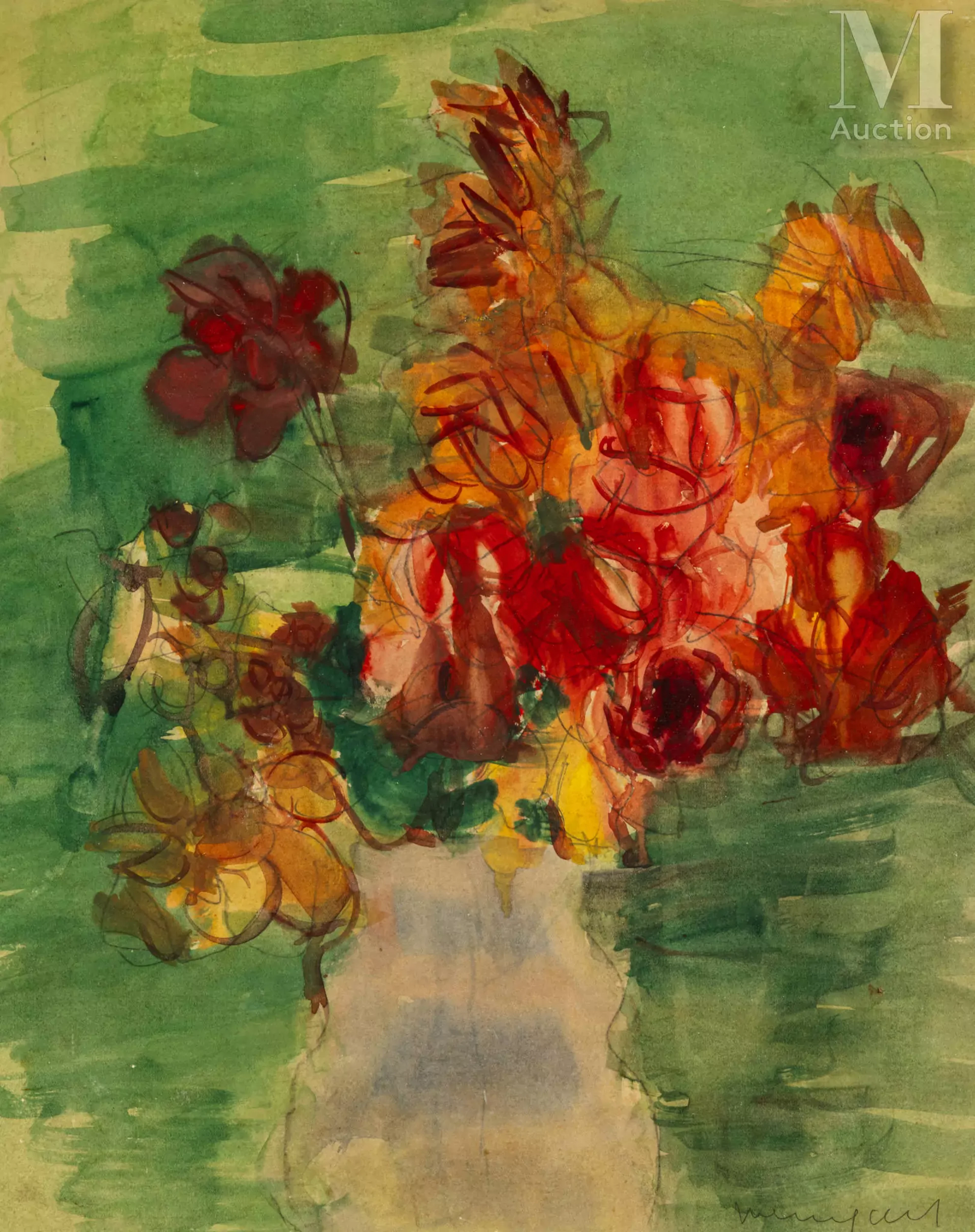 Joachim WEINGART (Drohobytch 1895- Auschwitz 1942) Fleurs rouges sur fond vert