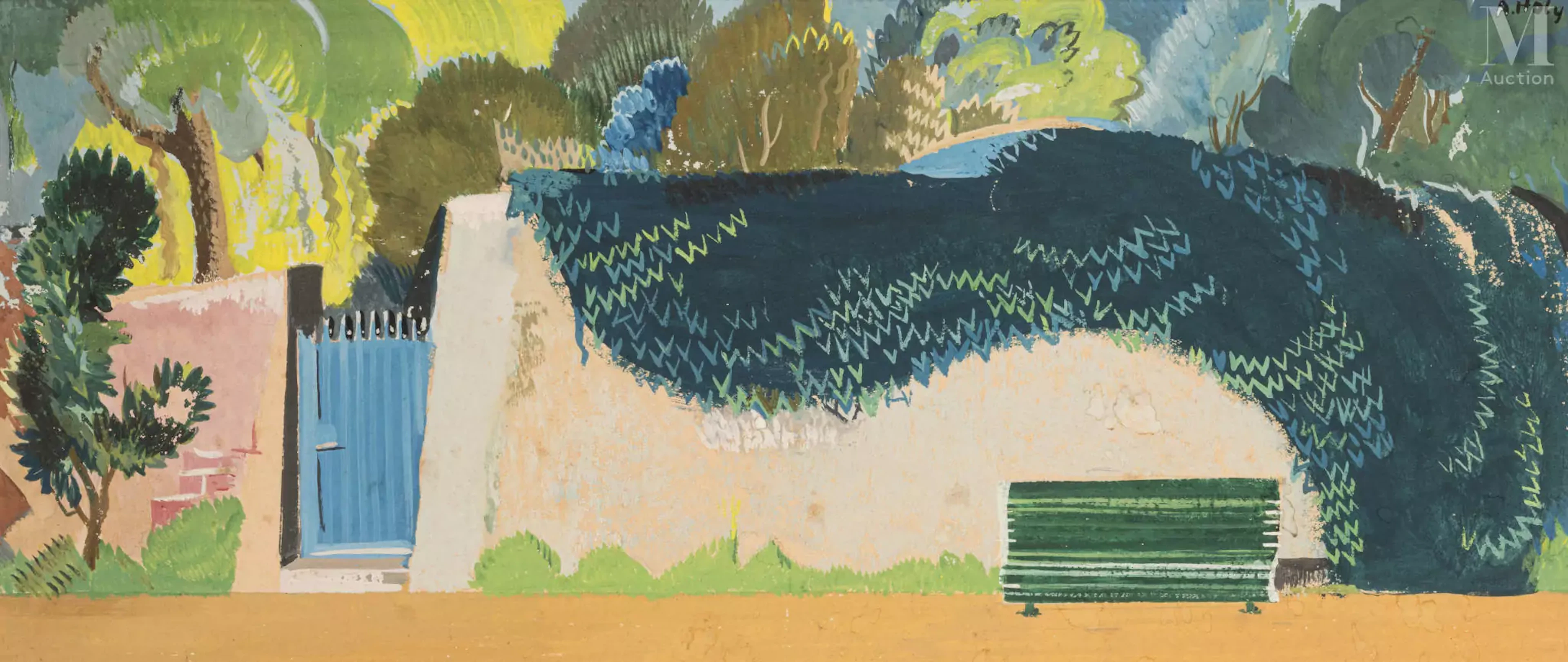 Adrien HOLY (1898 - 1978) Le banc devant le mur du jardin