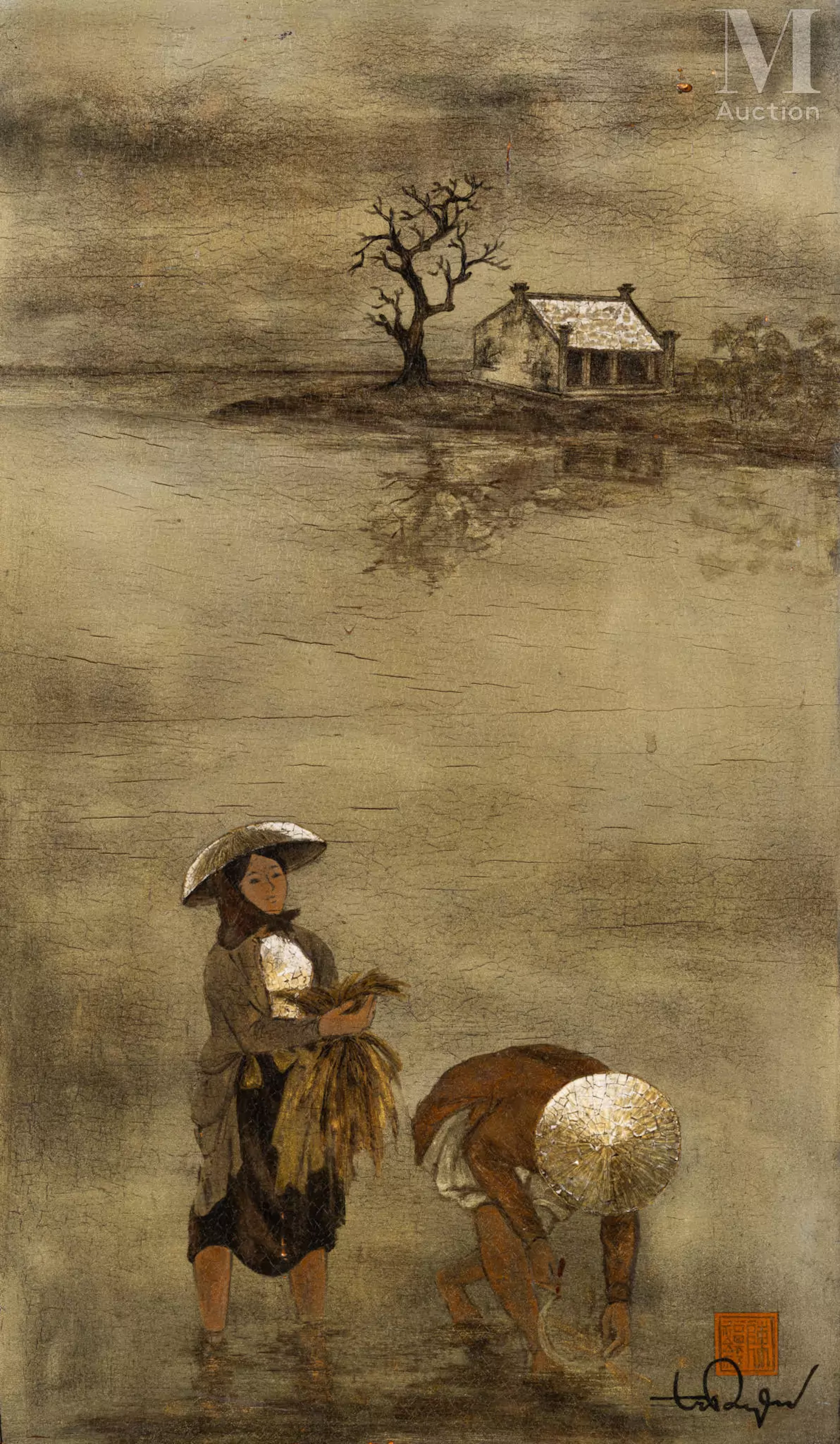 Ⓟ TRAN PHUC DUYEN (1923-1993) "Dans la rizière"