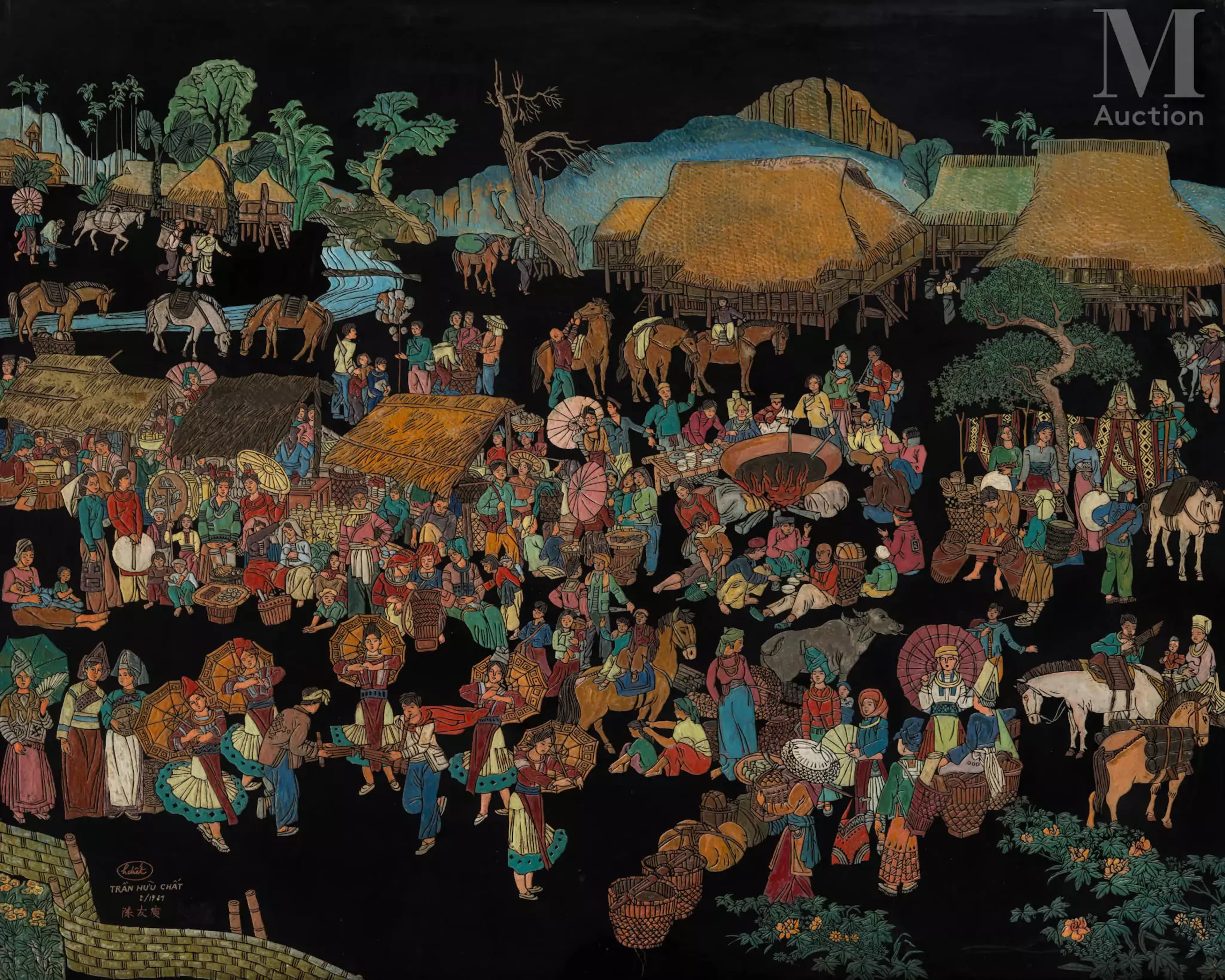 Ⓟ TRAN HUU CHAT (1933-2018) "Le marché à Bac Ha", 1981
