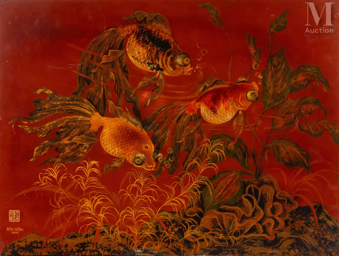 Ⓟ TRAN DZU HONG (1922-2002) "Poissons rouges", 1952