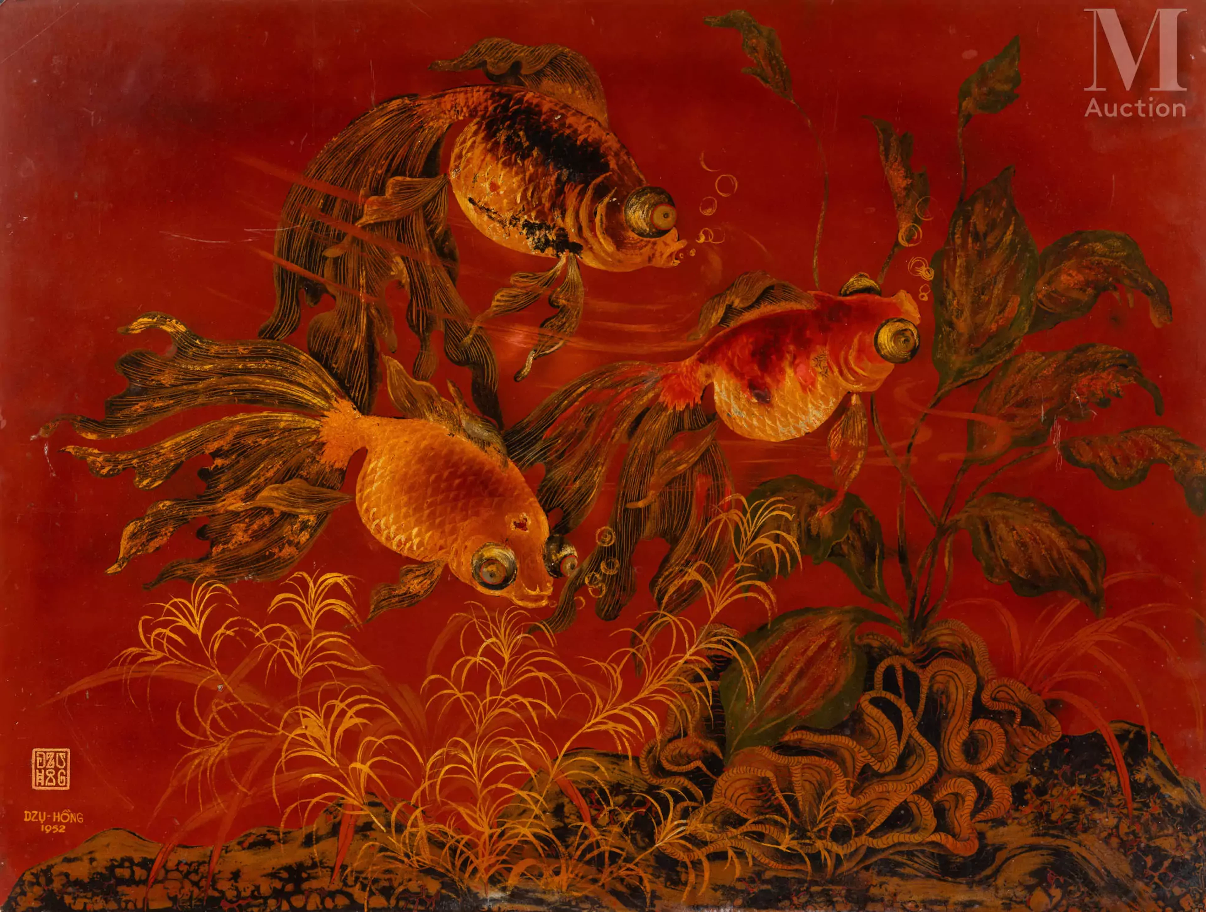 Ⓟ TRAN DZU HONG (1922-2002) "Poissons rouges", 1952