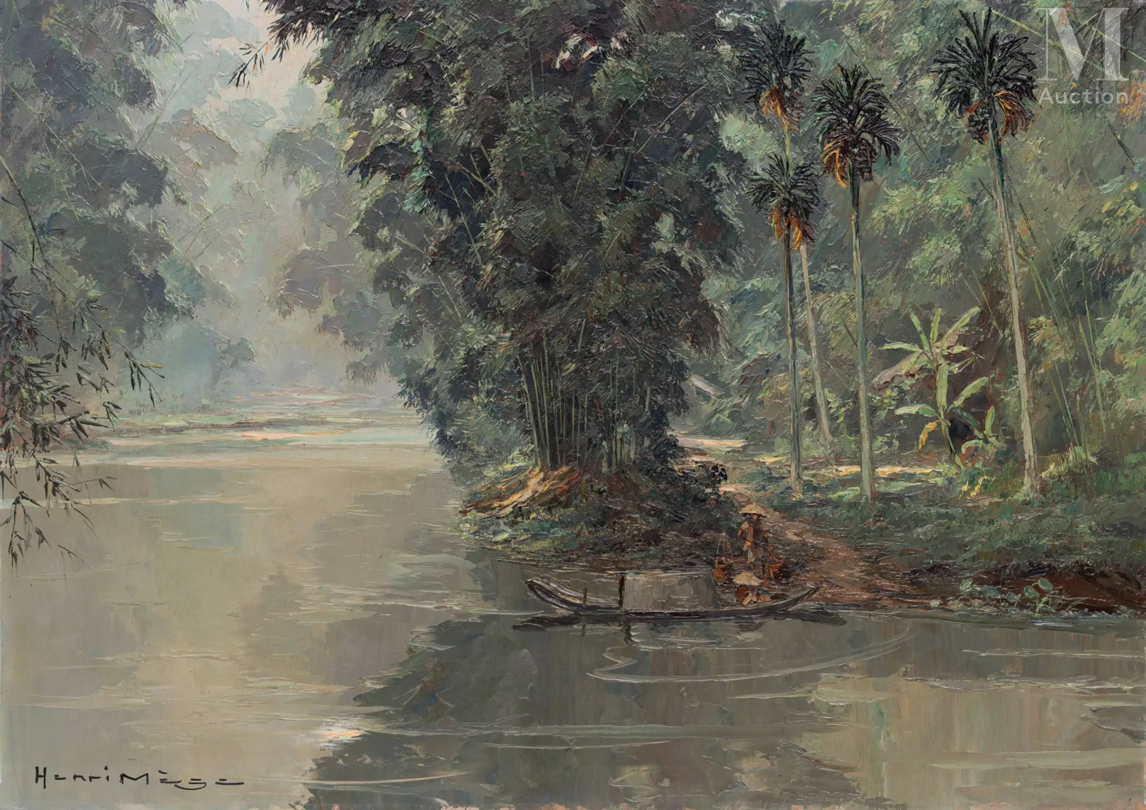 Ⓗ HENRI MEGE (1904-1984) "Aube sur la rivière Hương"