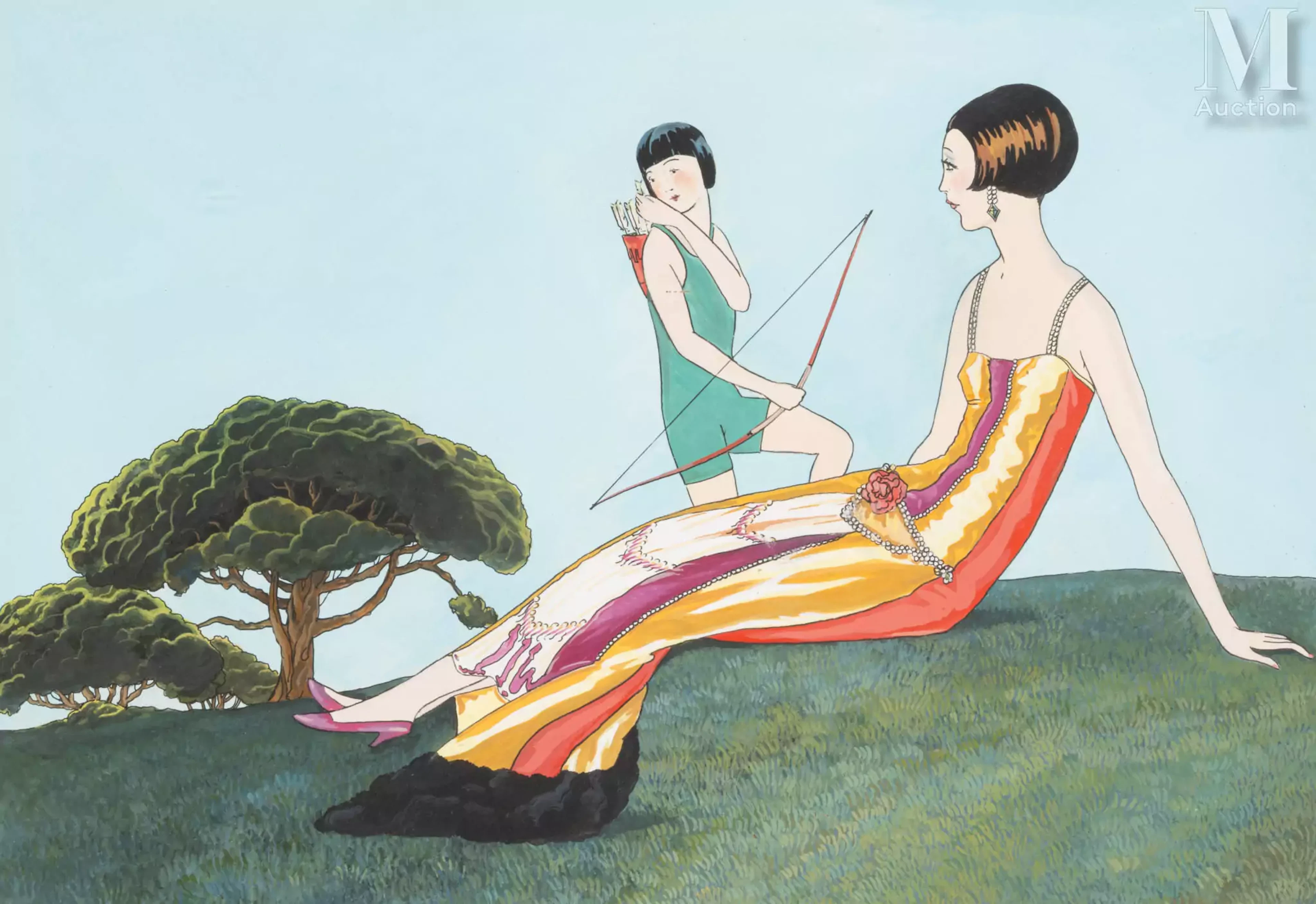 Georges BARBIER (1882-1932) attribué à Femme et jeune garçon à l'arc