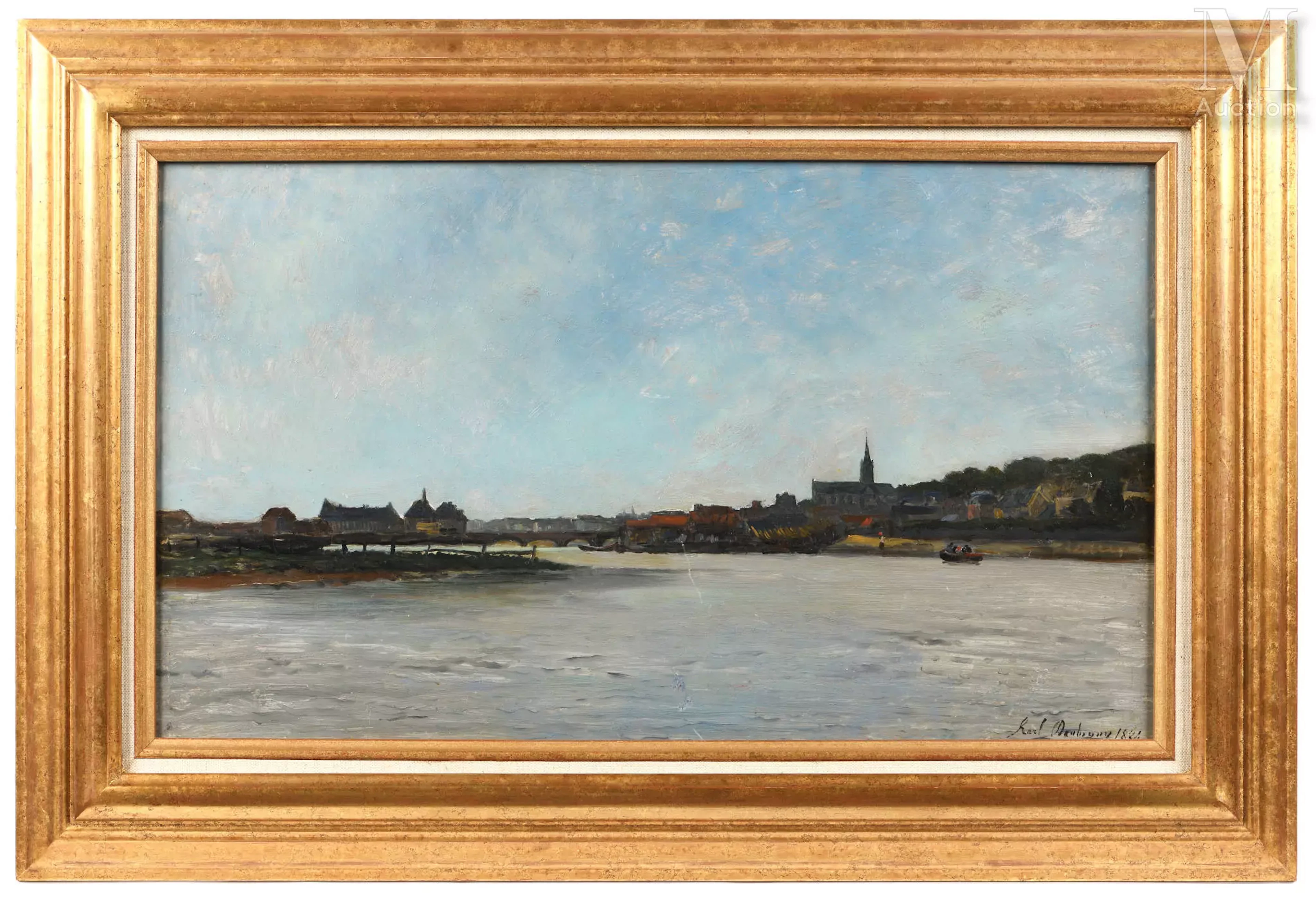 Karl Pierre DAUBIGNY (1846 - 1886) Pont enjambant un fleuve près d'une ville