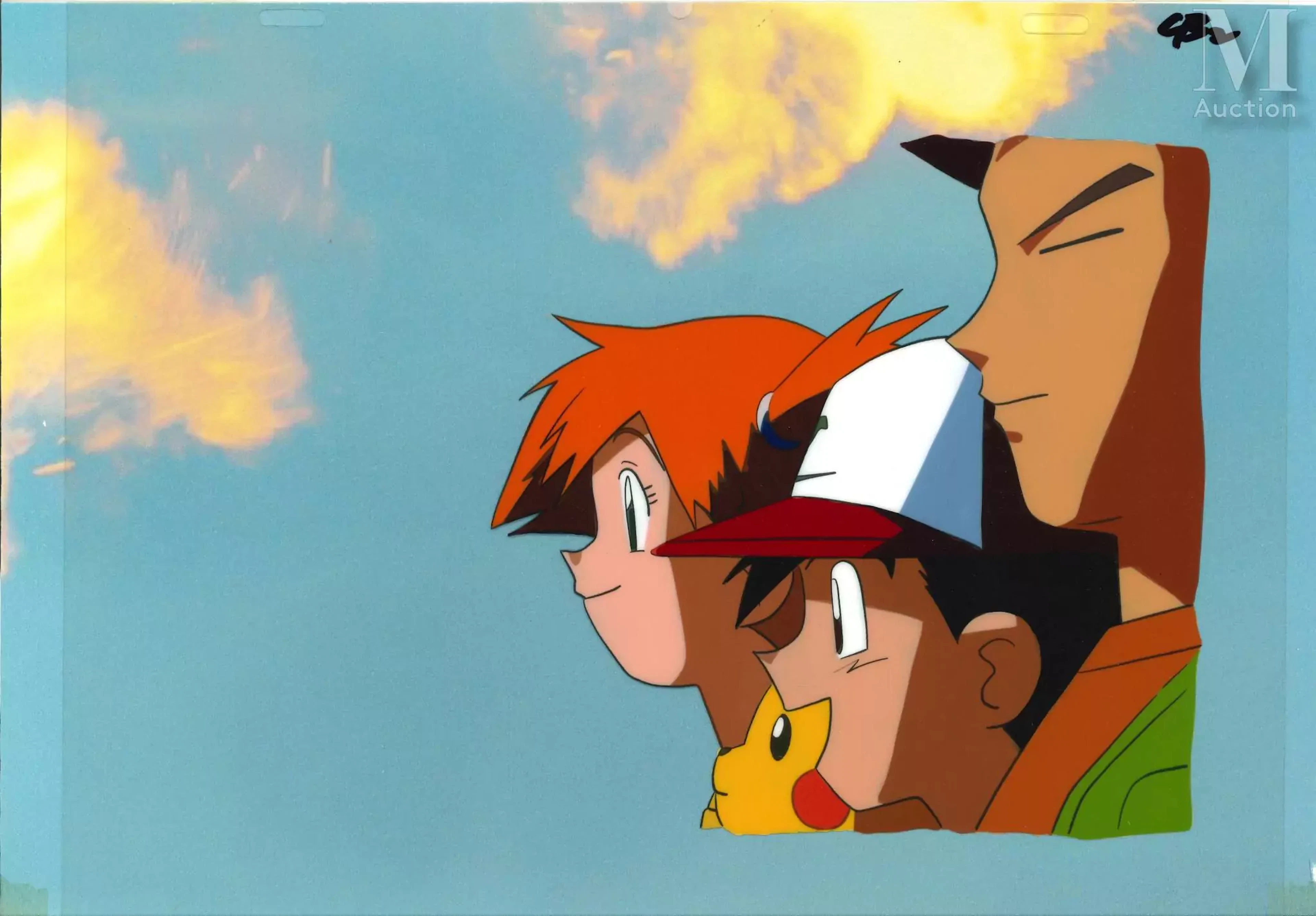 POKEMON Ondine, Sacha, Pikachu et Pierre, devant un ciel nuageux