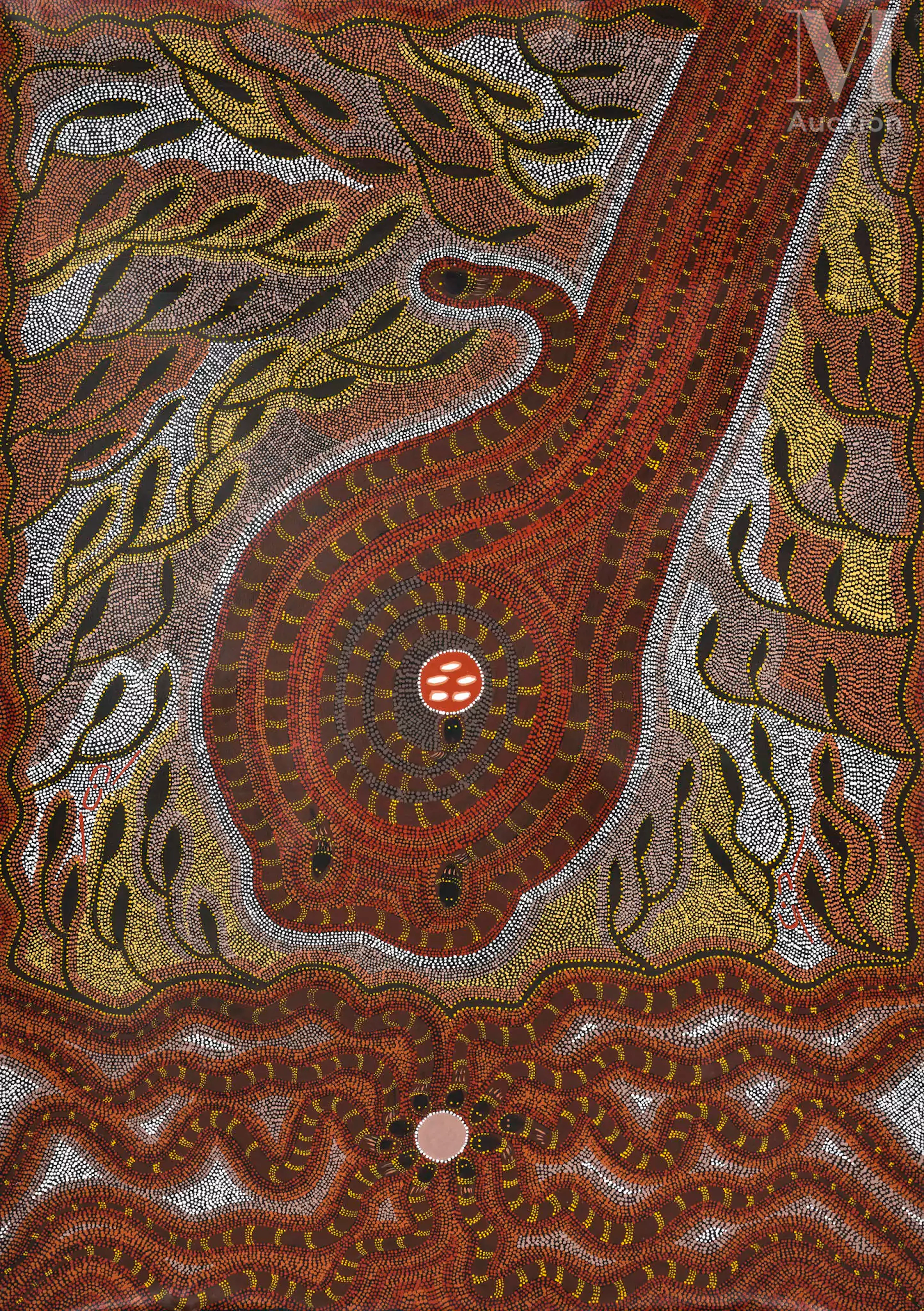 Janet Forrester Nangala (1954 - ) Snake and Witchetty Dreaming, 1989