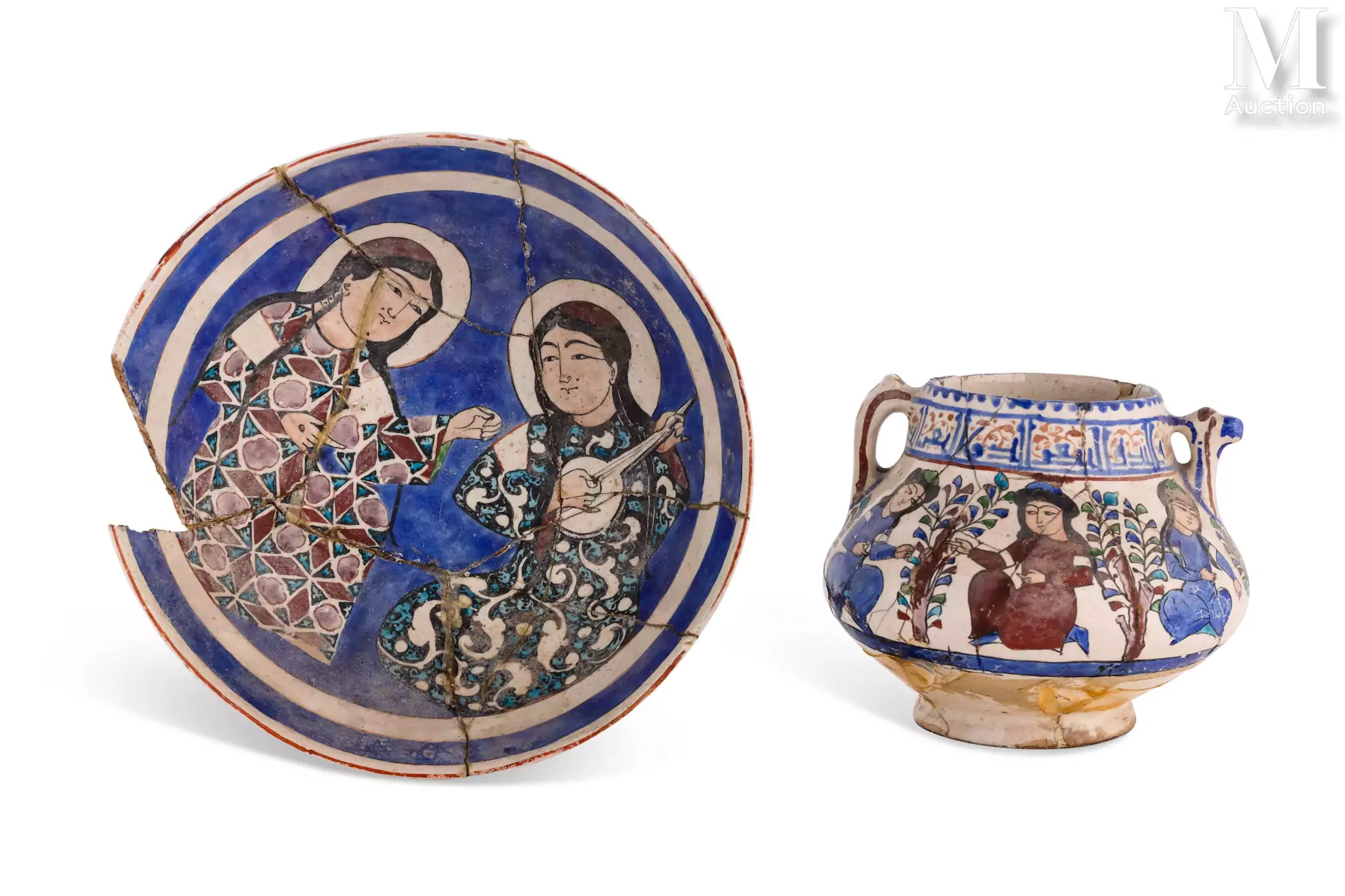 IRAN, Kashan, XIXème siècle Pot à anses et coupe de type minaï