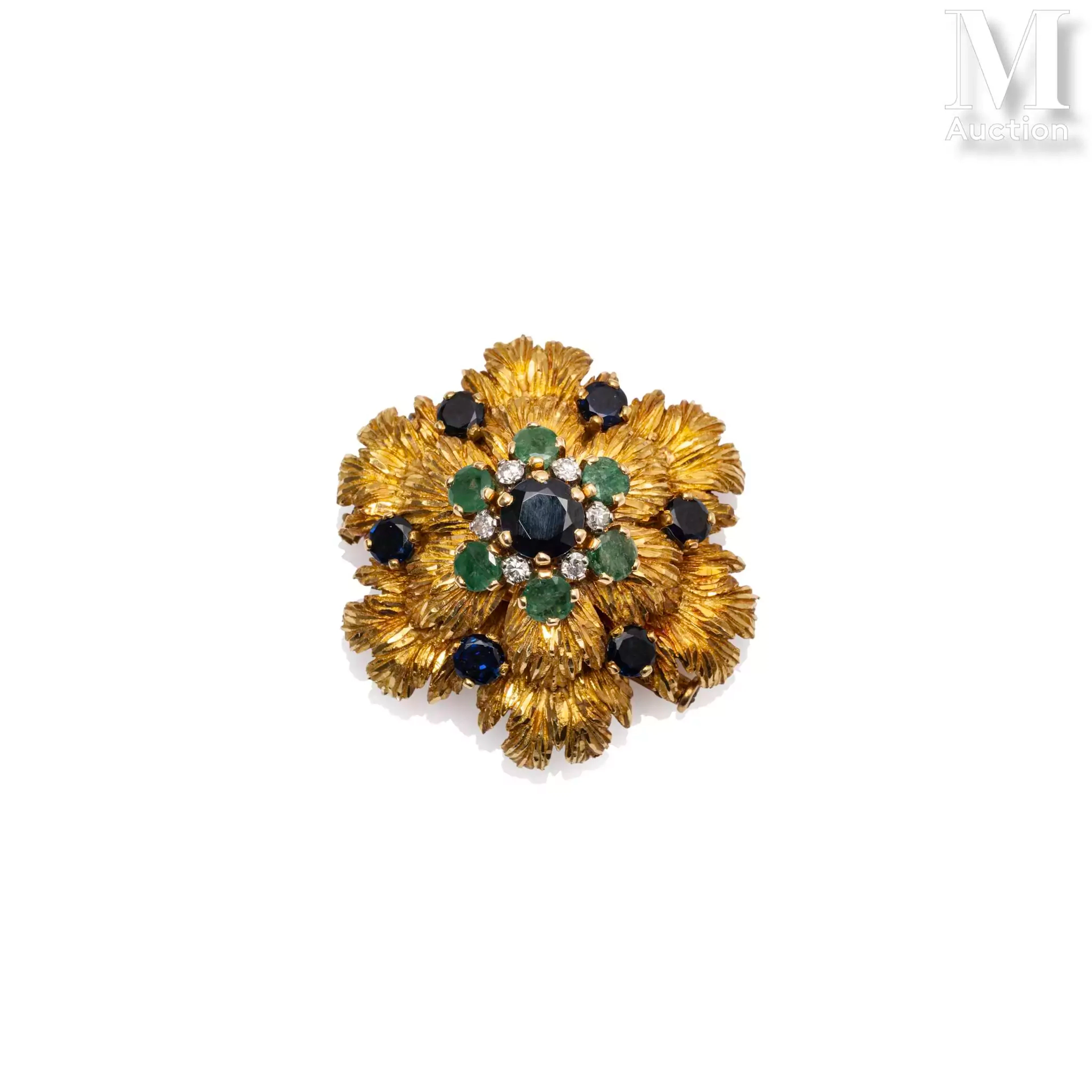 Broche fleur émeraudes et saphirs