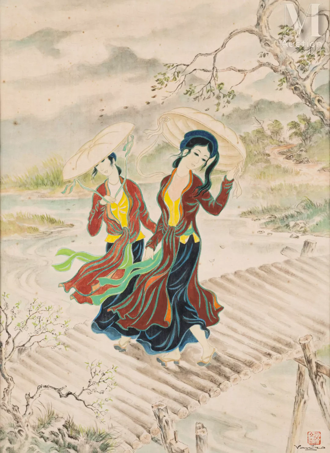 Ⓟ ƒ TRAN VAN THO (1917-2004) “Beautés sur le pont”