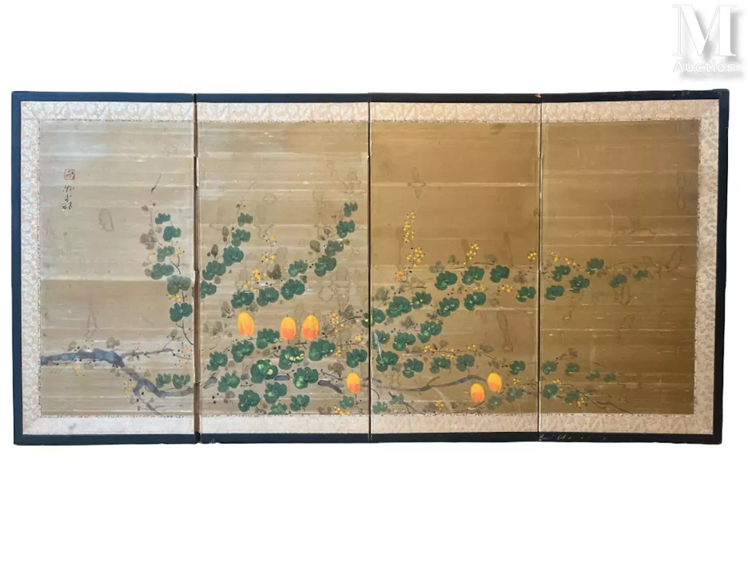 JAPON, XIXe siècle Paravent de table à quatre feuilles
