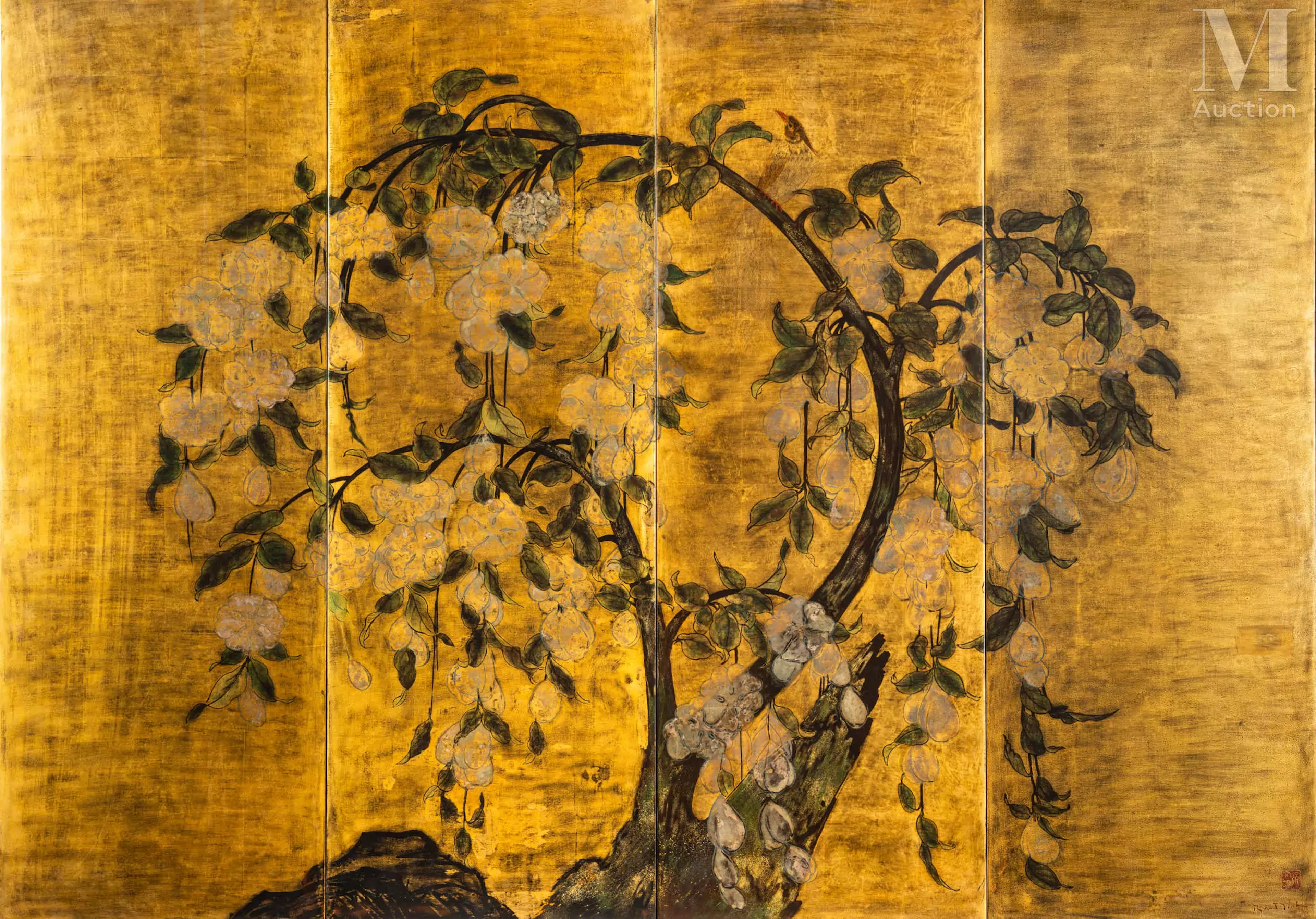 Ⓟ NGUYEN VAN MINH (1930-2014) Oiseau dans un arbre en fleur, 1987