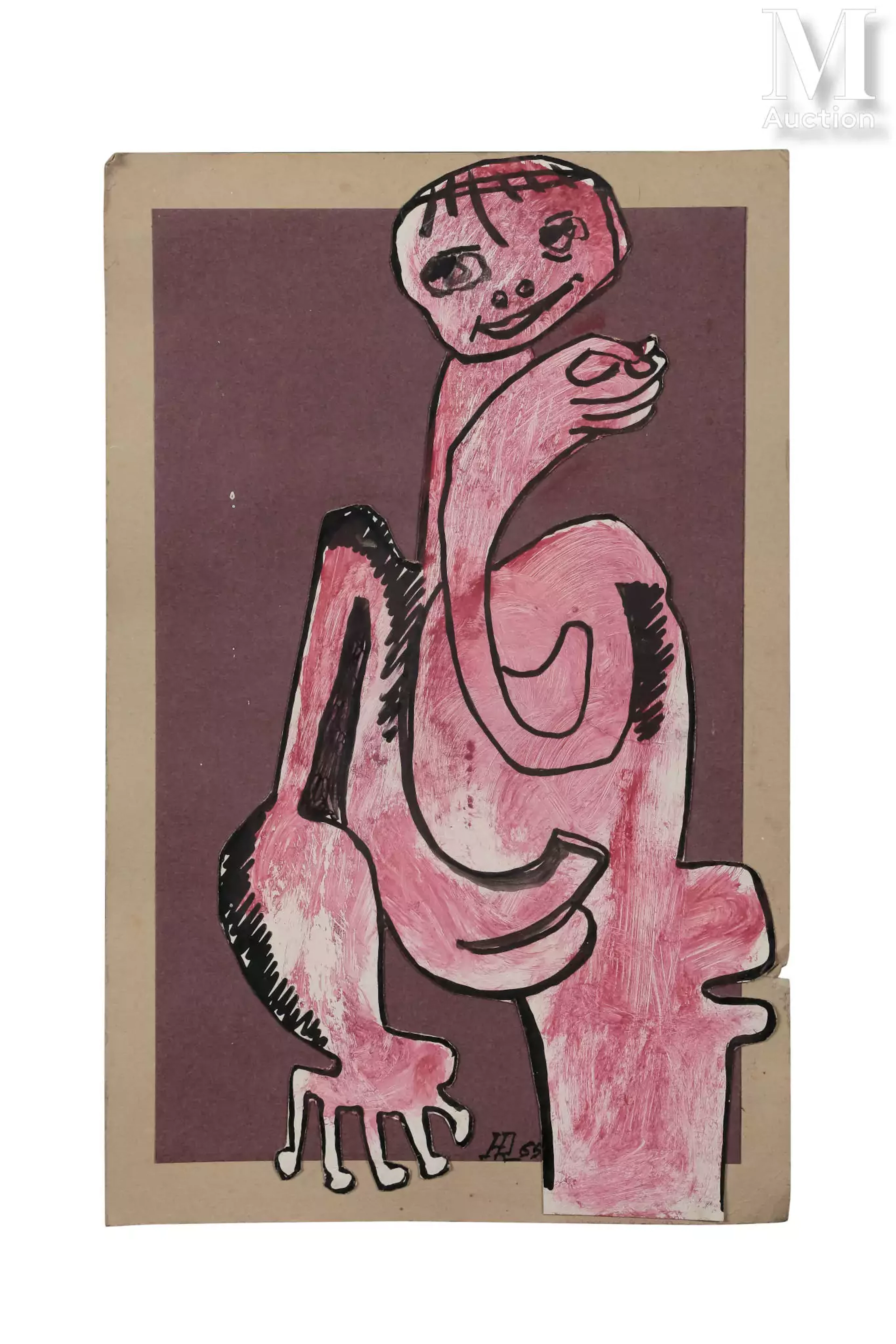 Ecole MODERNE, personnage tordu, feutre et gouache sur papier découpé